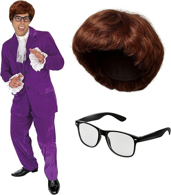 Men`s 60s Austin Powers Costume + Wig Glasses Adult Purple Gigolo Suit M - XL Men`s 60s Austin Powers Costume + Wig Glasses Adult Purple Gigolo Suit M - XL