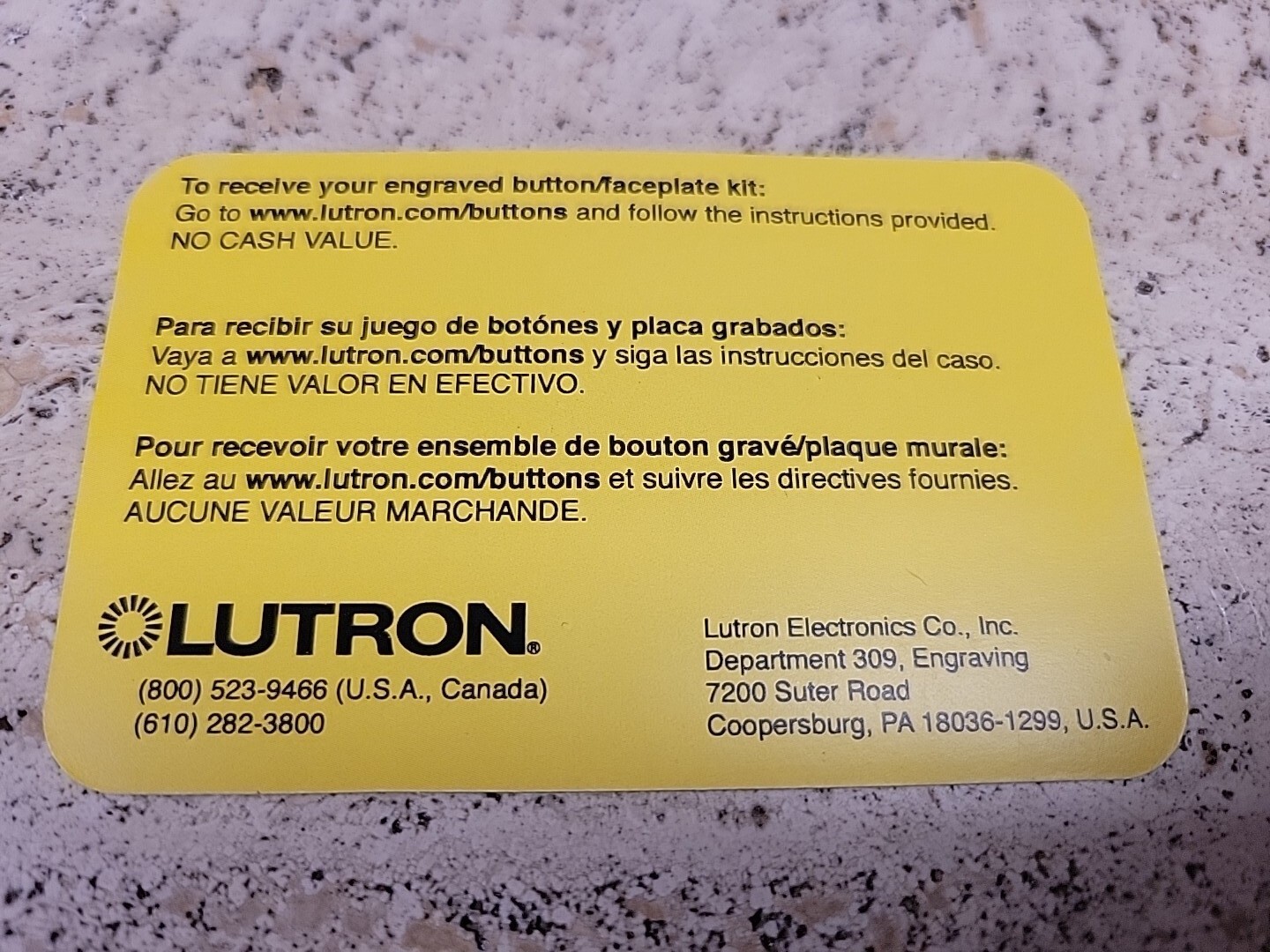 Lot Of 10x Lutron Prepaid Engraving Certificate Lot Of 10x Lutron Prepaid Engraving Certificate