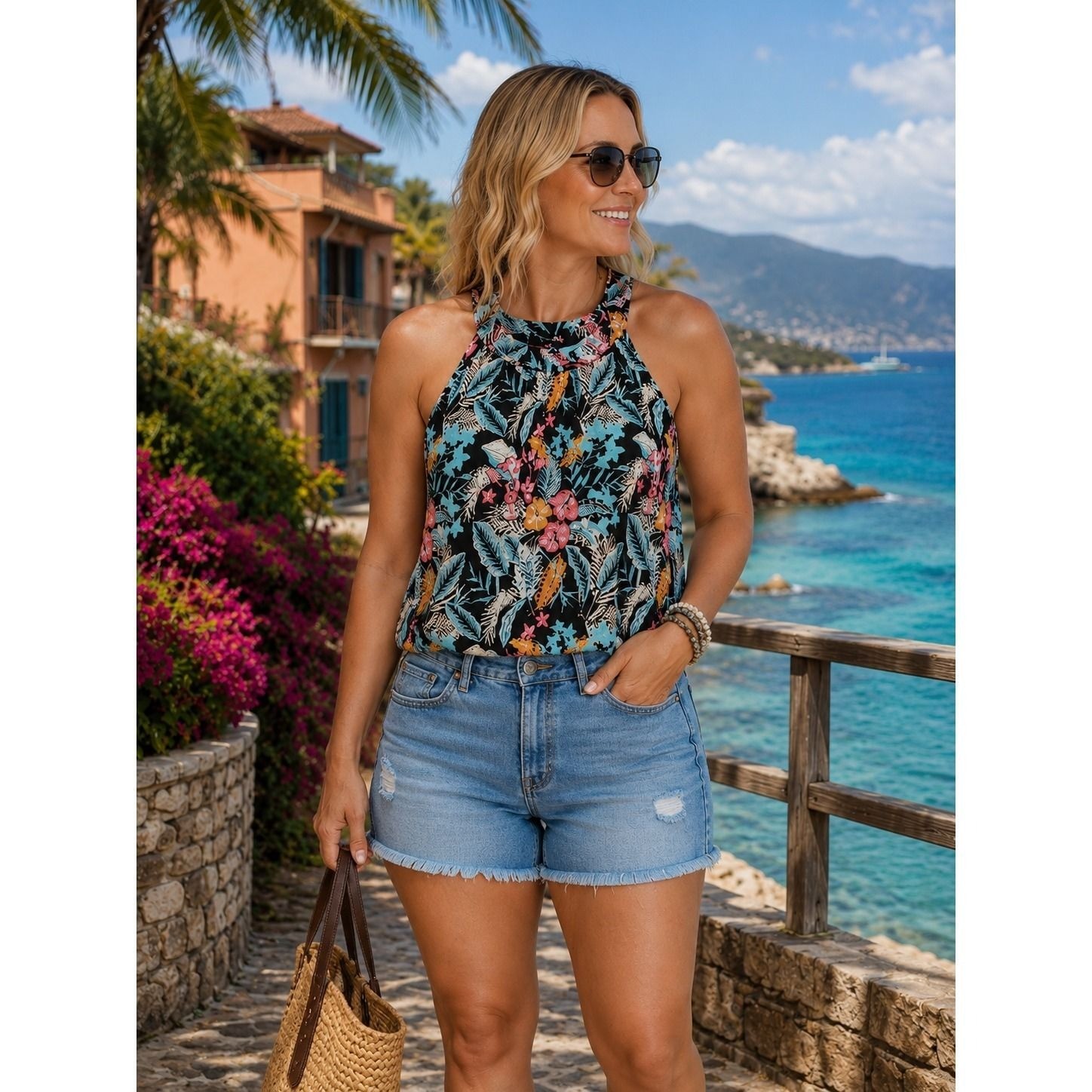 A Love Story Women 2X Tropical Floral High Neck Sleeveless Blouse Black Pink A Love Story Women 2X Tropical Floral High Neck Sleeveless Blouse Black Pink