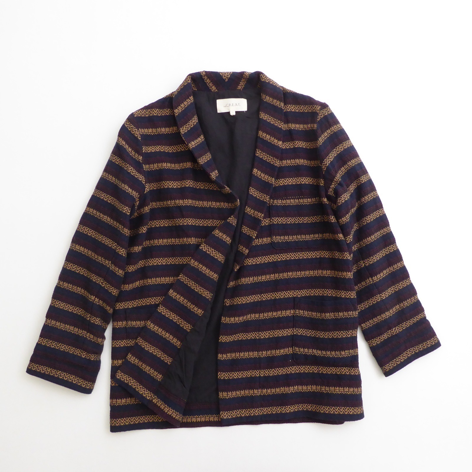The Great Women Cabana Blazer Open Front Blue Striped Patterned Cotton Blend 1