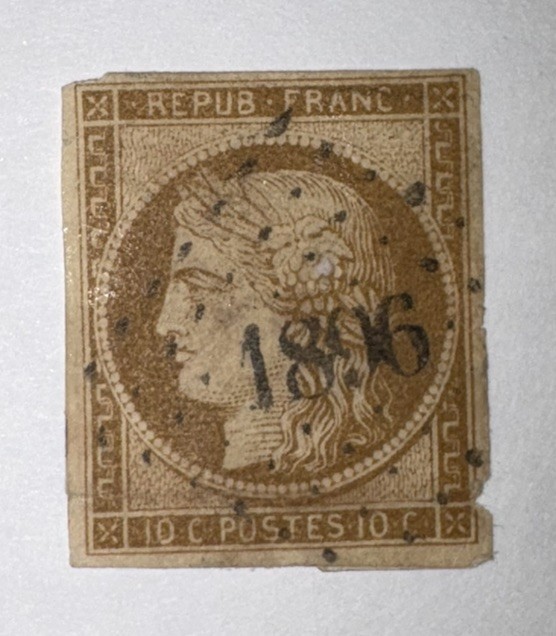 POSTAGE STAMP: 1849-1850 - France - Scott# 1 - 10c - Ceres - Bistre