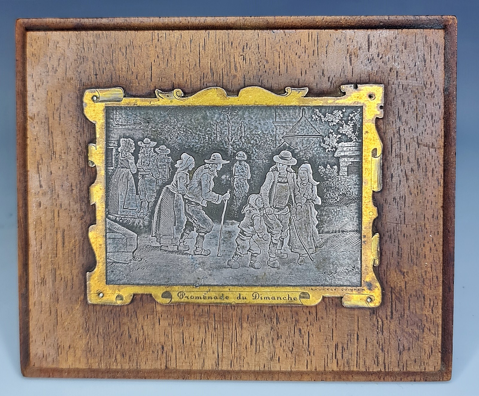 VINTAGE FRENCH PEWTER WOOD PLAQUE SAUVAGE QUIMPER PROMENADE DU DIMANCHE WALL ART