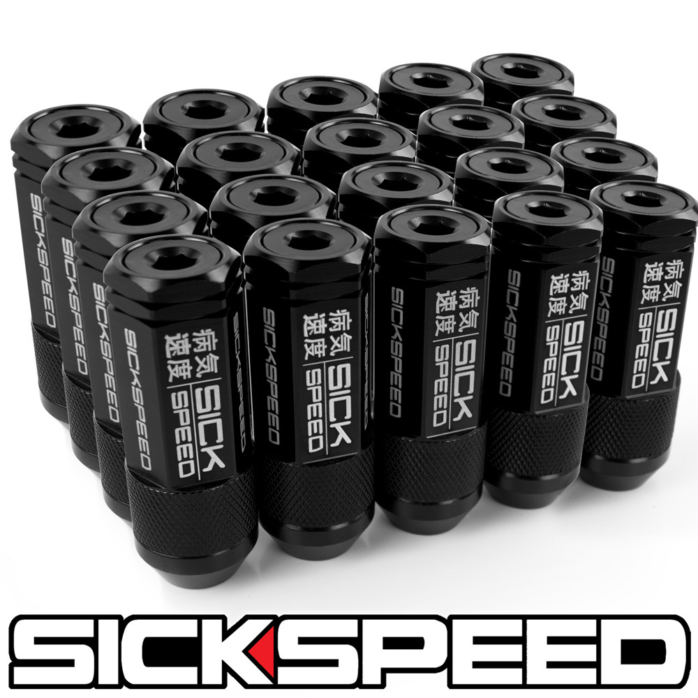 SICKSPEED 20 PC BLACK CAPPED ALUMINUM EXTENDED 50MM 3 PC LUG NUTS 1/2X20 N22