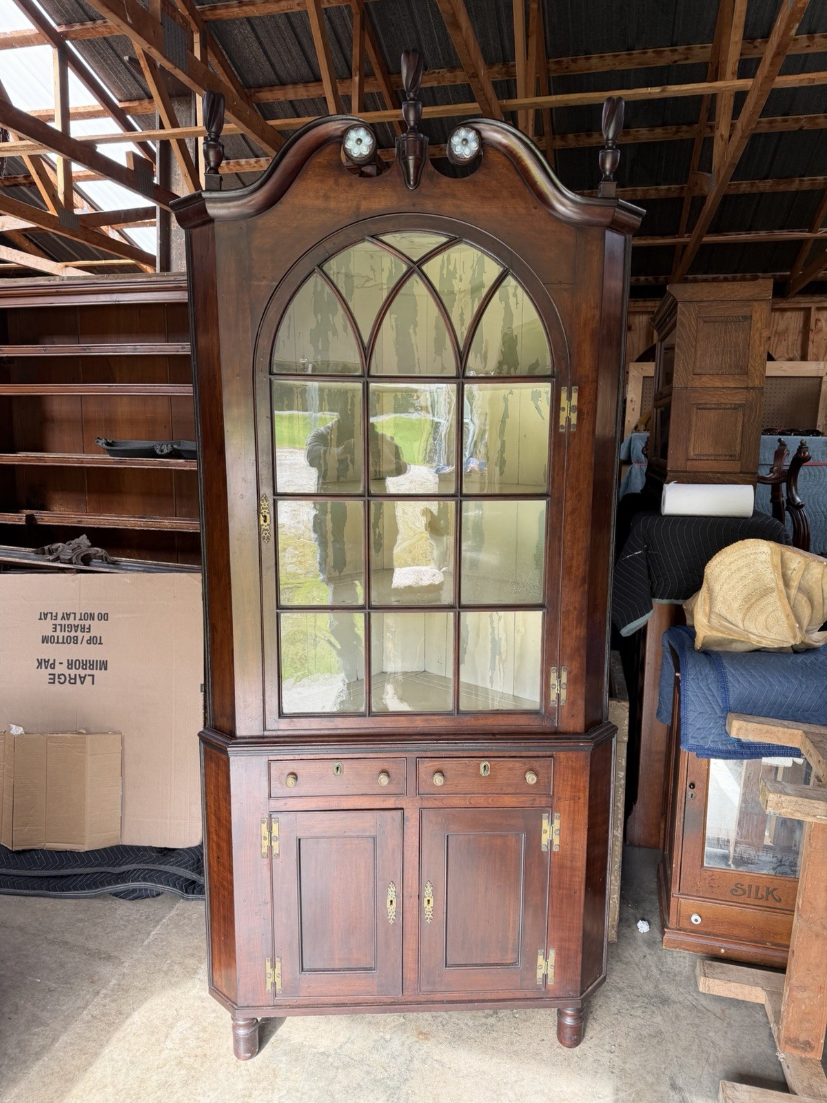 Period Early 19th Century Cherry Two Part Corner Cupboard Broken Arch Antique Period Early 19th Century Cherry Two Part Corner Cupboard Broken Arch Antique