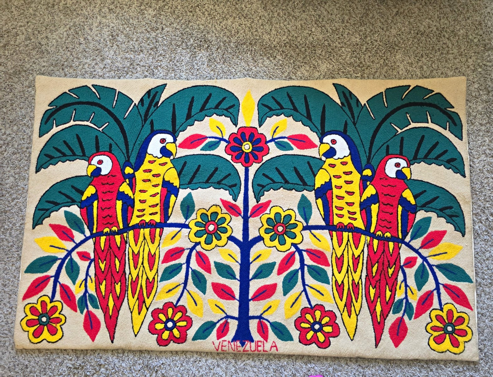 Handmade Vimtage 1970s Venezuela Parrot Floral Beige Wall Art Rug 36x58