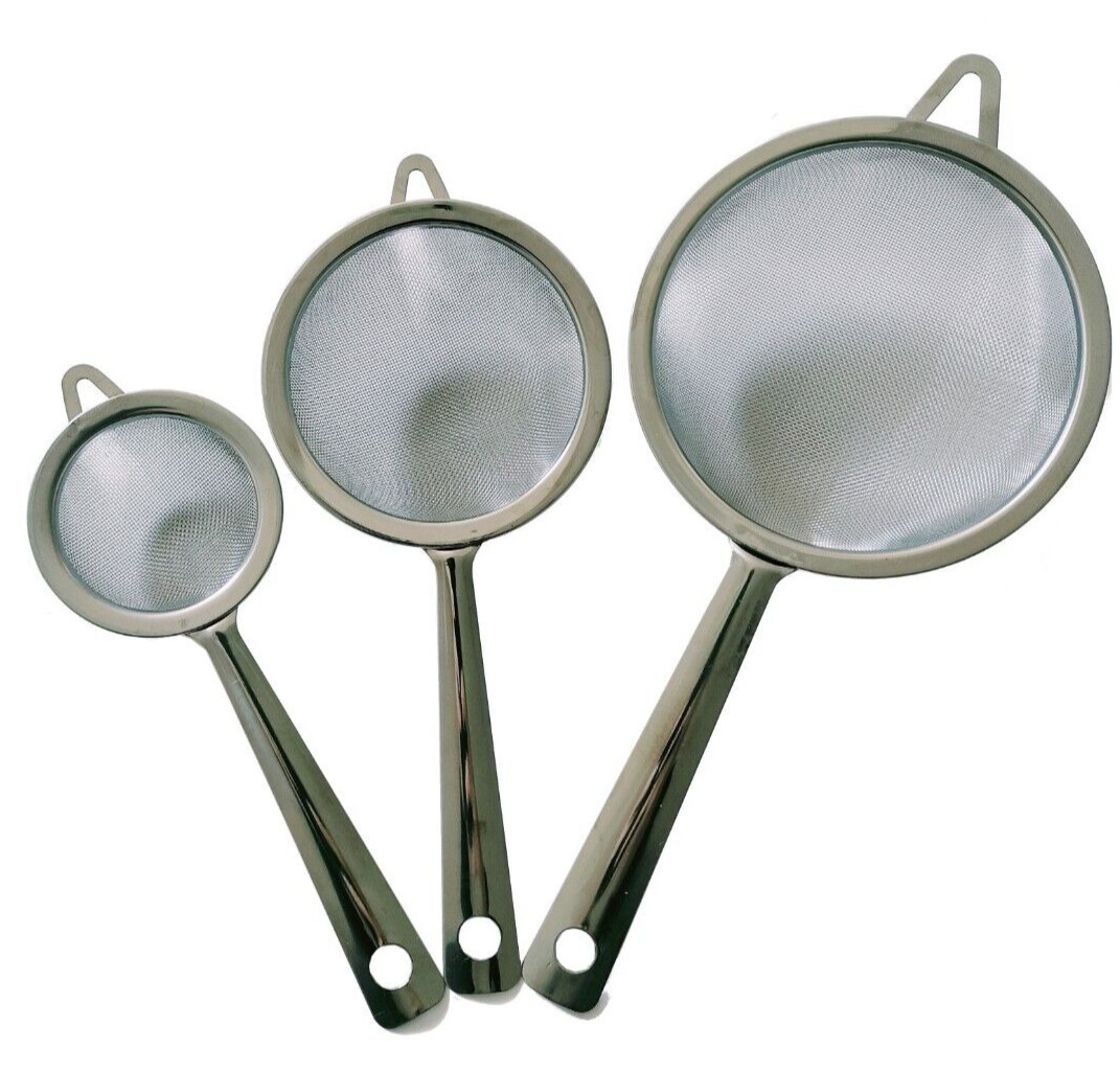 3Pcs Set Kitchen Fine Mesh Stainless Steel Oil Strainer Flour Colander Sifter 3Pcs Set Kitchen Fine Mesh Stainless Steel Oil Strainer Flour Colander Sifter