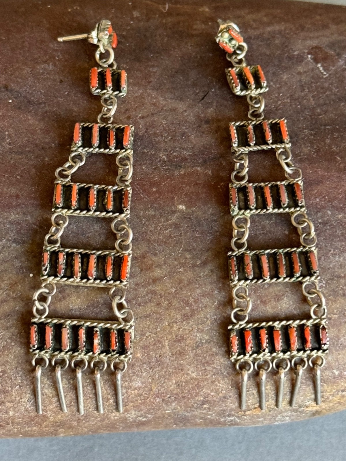 Old Pawn Zuni Sterling Silver with Coral Earrings. 3 1/4” Drop ..Needle Point ..