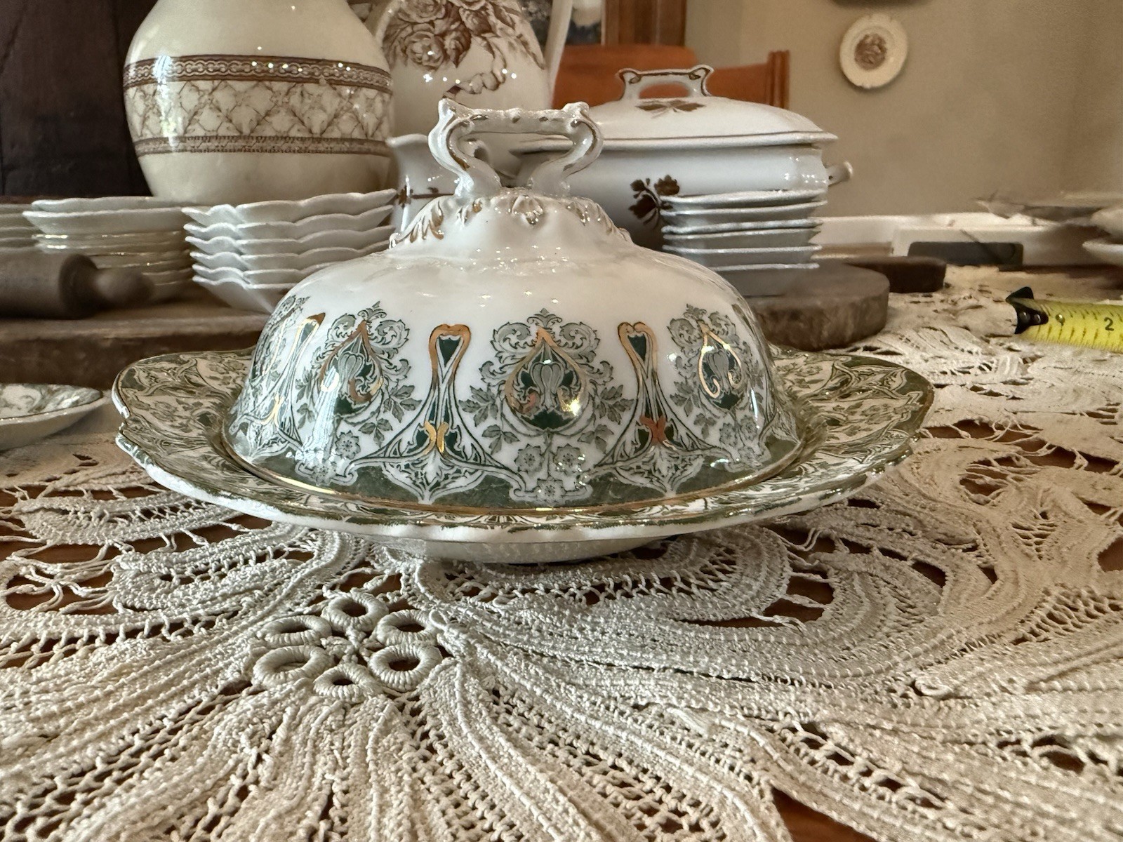 Antique J&G Meakin Genoa Covered Butter Dish 8” Green Transferware Gold England