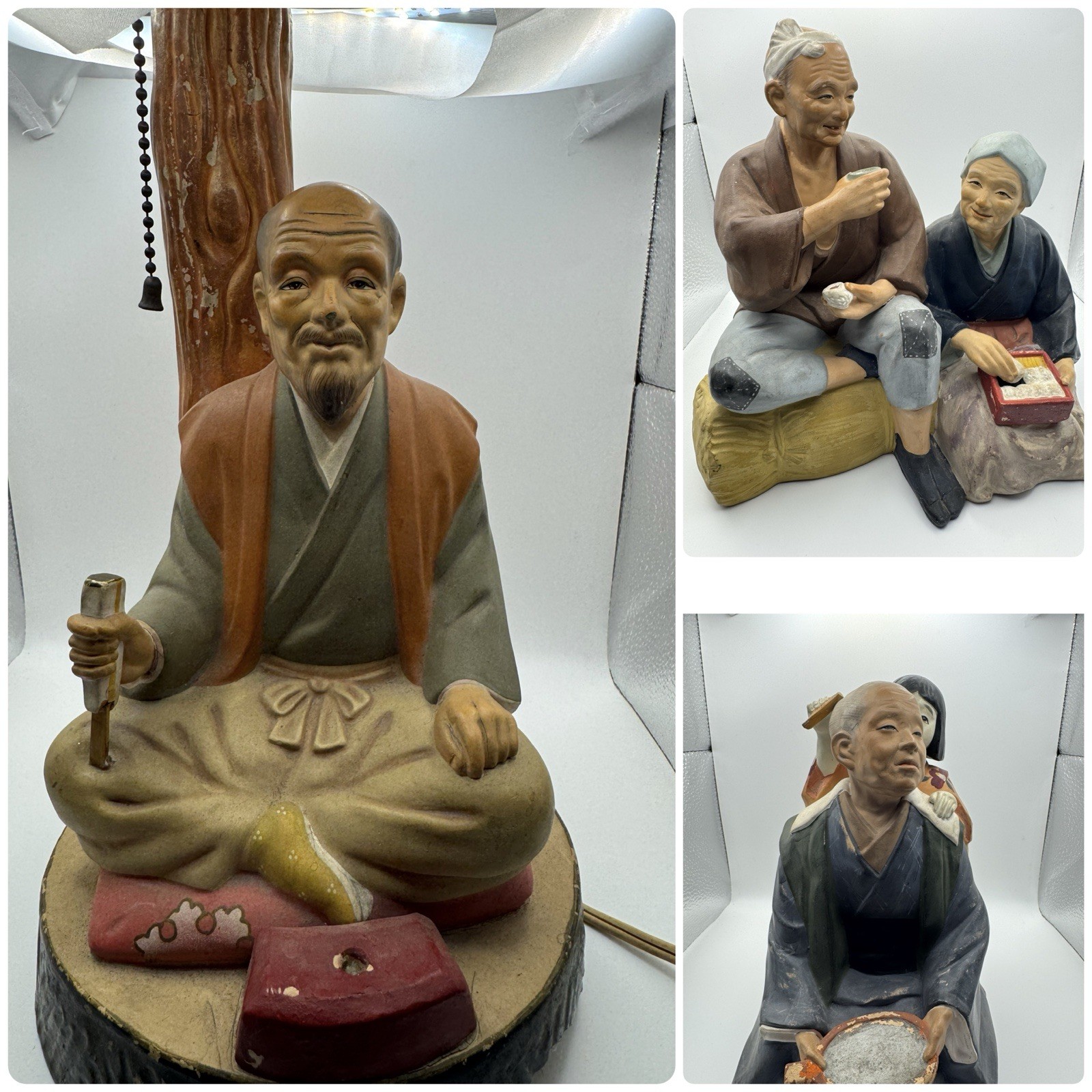 Vtg 1950s Japanese Hakata Urasaki Clay Figurine Set & Lamp Mid Century Folk Art