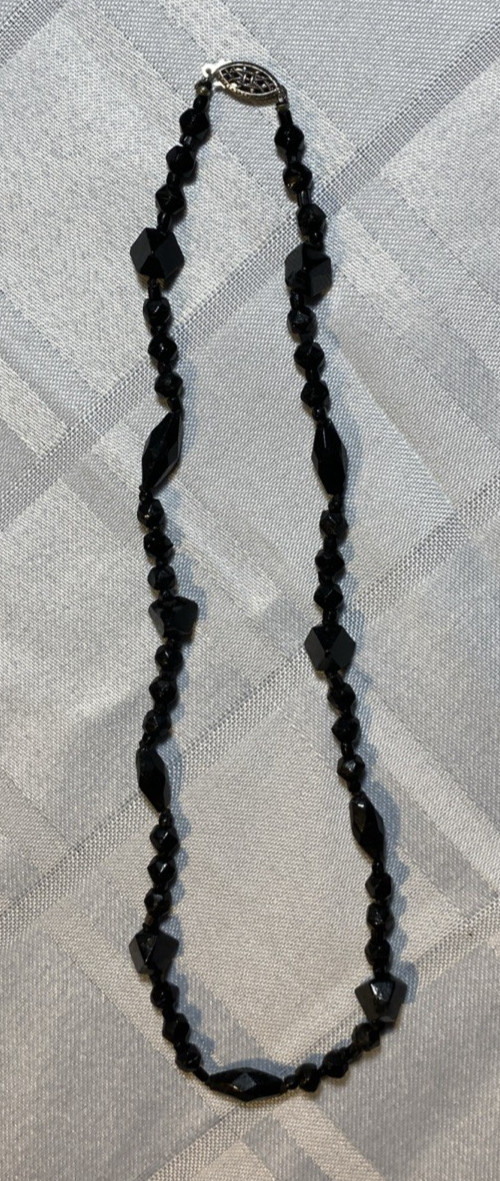 Vintage Art Deco Black Faceted Glass Bead Necklace Sterling Silver Clasp 1930s Vintage Art Deco Black Faceted Glass Bead Necklace Sterling Silver Clasp 1930s