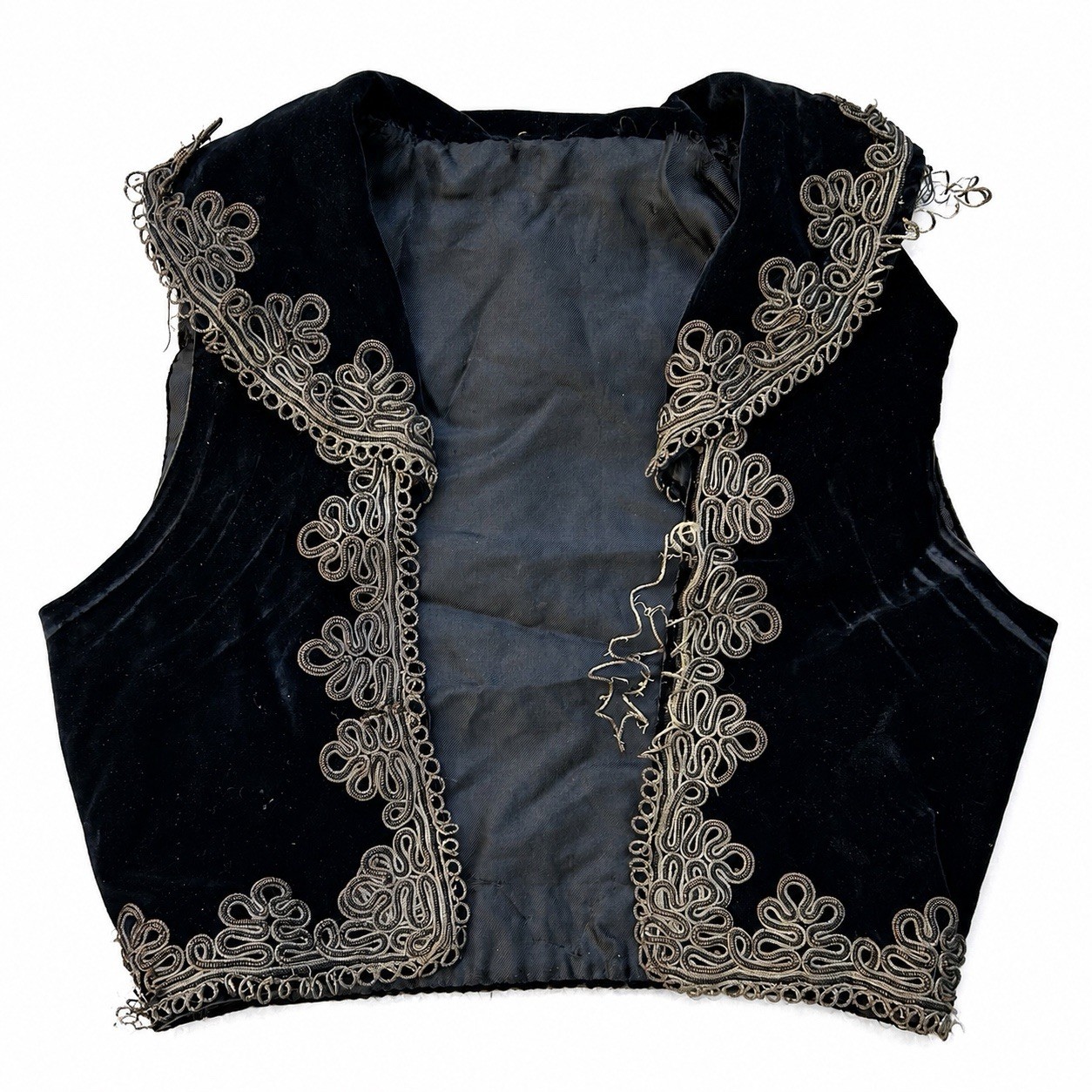 Antique 1890s 1900s Ottoman Jelek Black Velvet Vest Metallic Soutache Embroidery