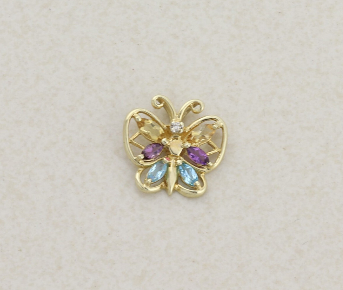 Pendant Only 10K Yellow Gold Natural Citrine, Amethyst, Topaz, Diamond Butterfly