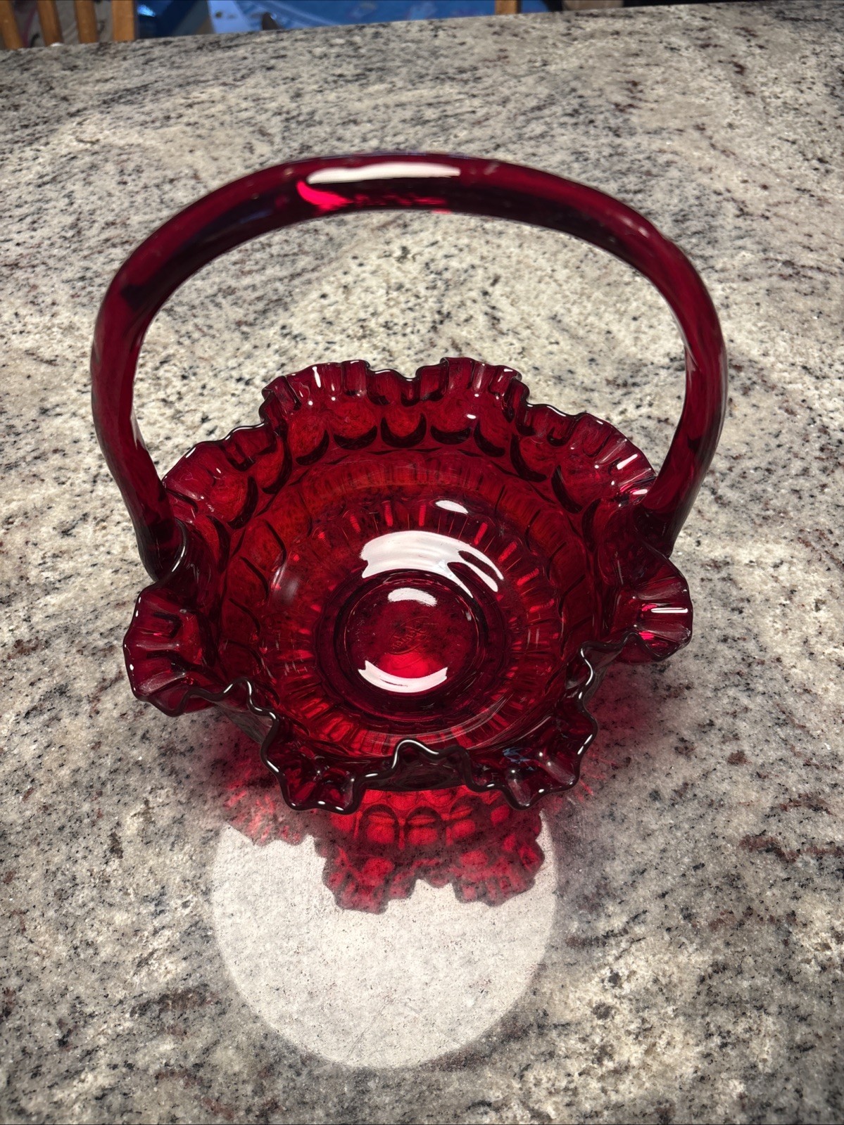 Vintage Fenton Ruby Red Thumbprint Glass Basket Ruffled Rim Handled Vintage Fenton Ruby Red Thumbprint Glass Basket Ruffled Rim Handled