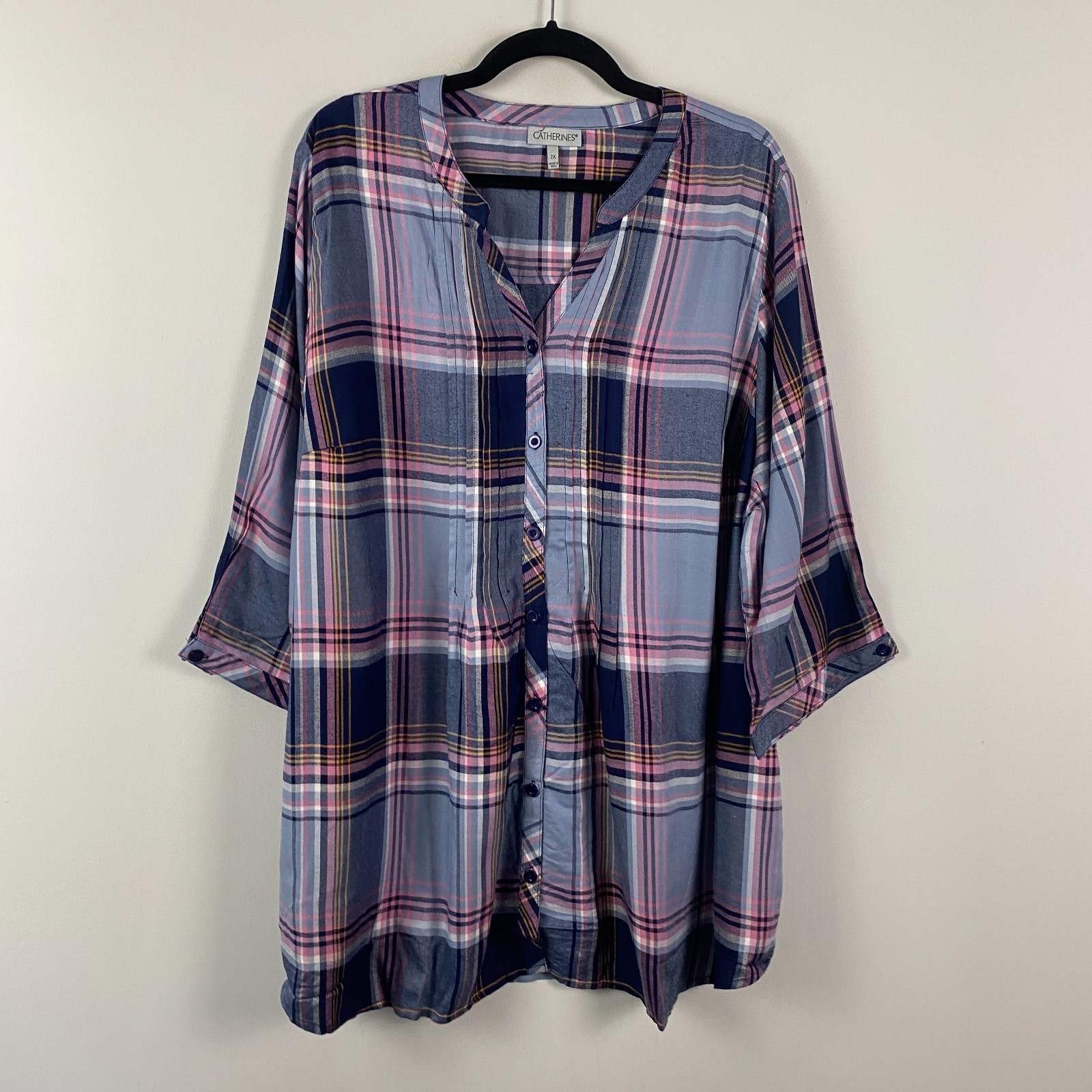 Catherines Button Front Tunic Size 2X Dark Mauve Multi Plaid 3/4 Sleeves Catherines Button Front Tunic Size 2X Dark Mauve Multi Plaid 3/4 Sleeves