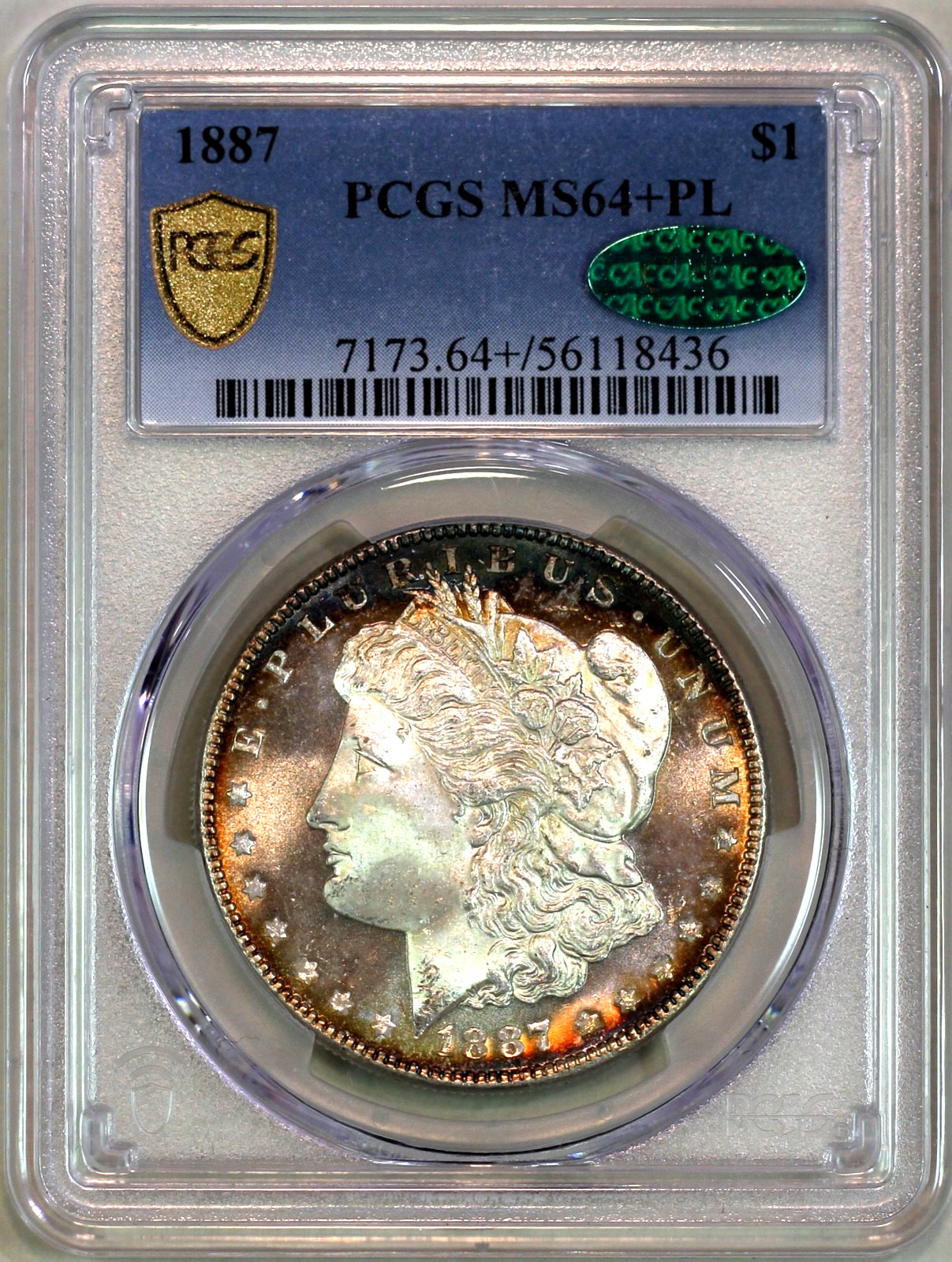 * 1887-P * PCGS CAC MS64+PL MORGAN SILVER DOLLAR * SEVERELY UNDER GRADED