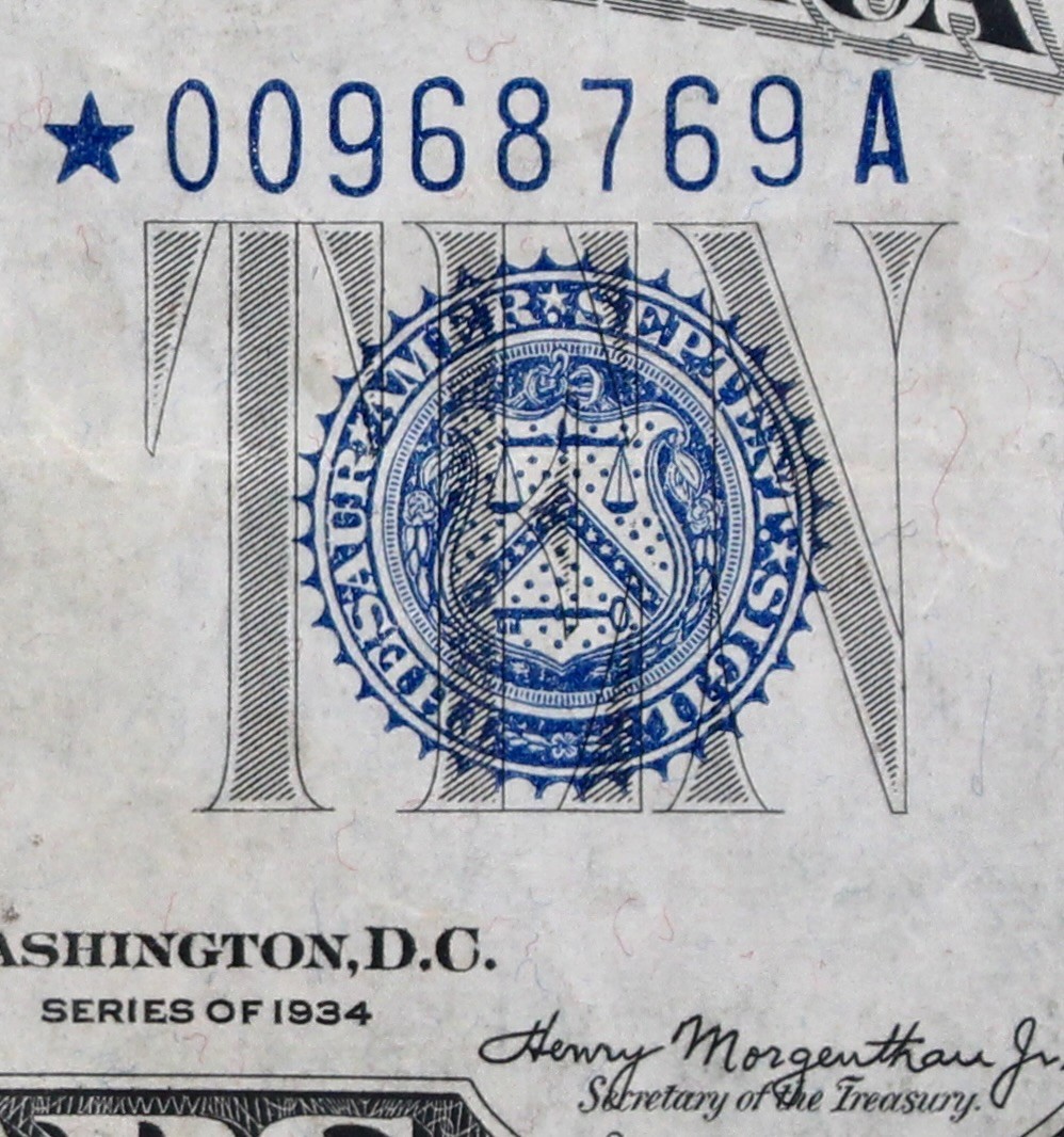 1934 $10 Star Mule blue seal Silver Certificate back plate macro 663 *00968769A