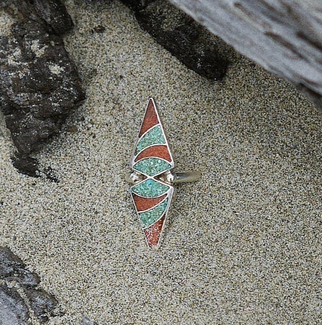 Southwestern Navajo Turquoise Coral Inlay Sterling 925 Vintage Southwestern Navajo Turquoise Coral Inlay Sterling 925 Vintage