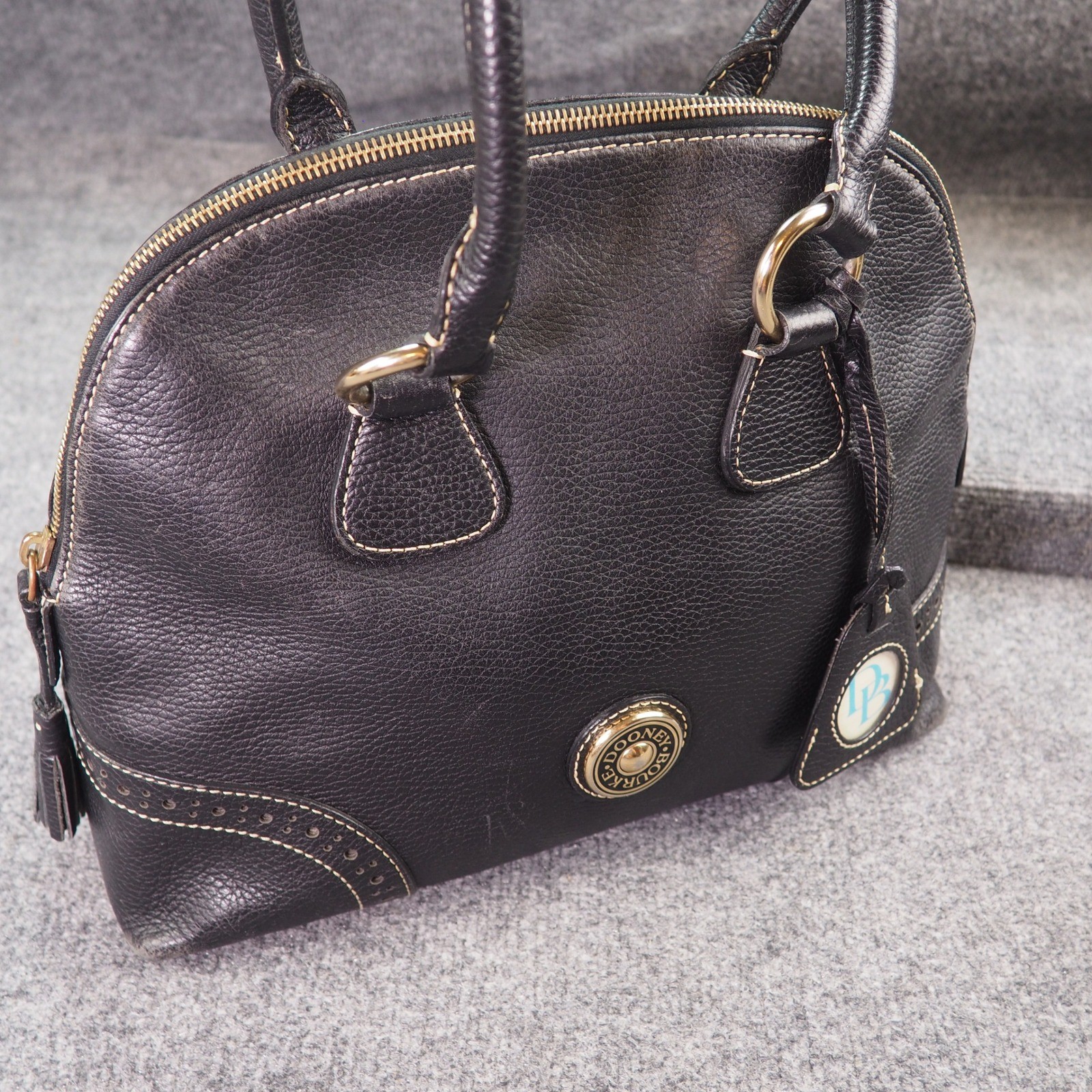 Dooney & Bourke Black Pebbled Leather Domed Satchel Bag Brogue Detail
