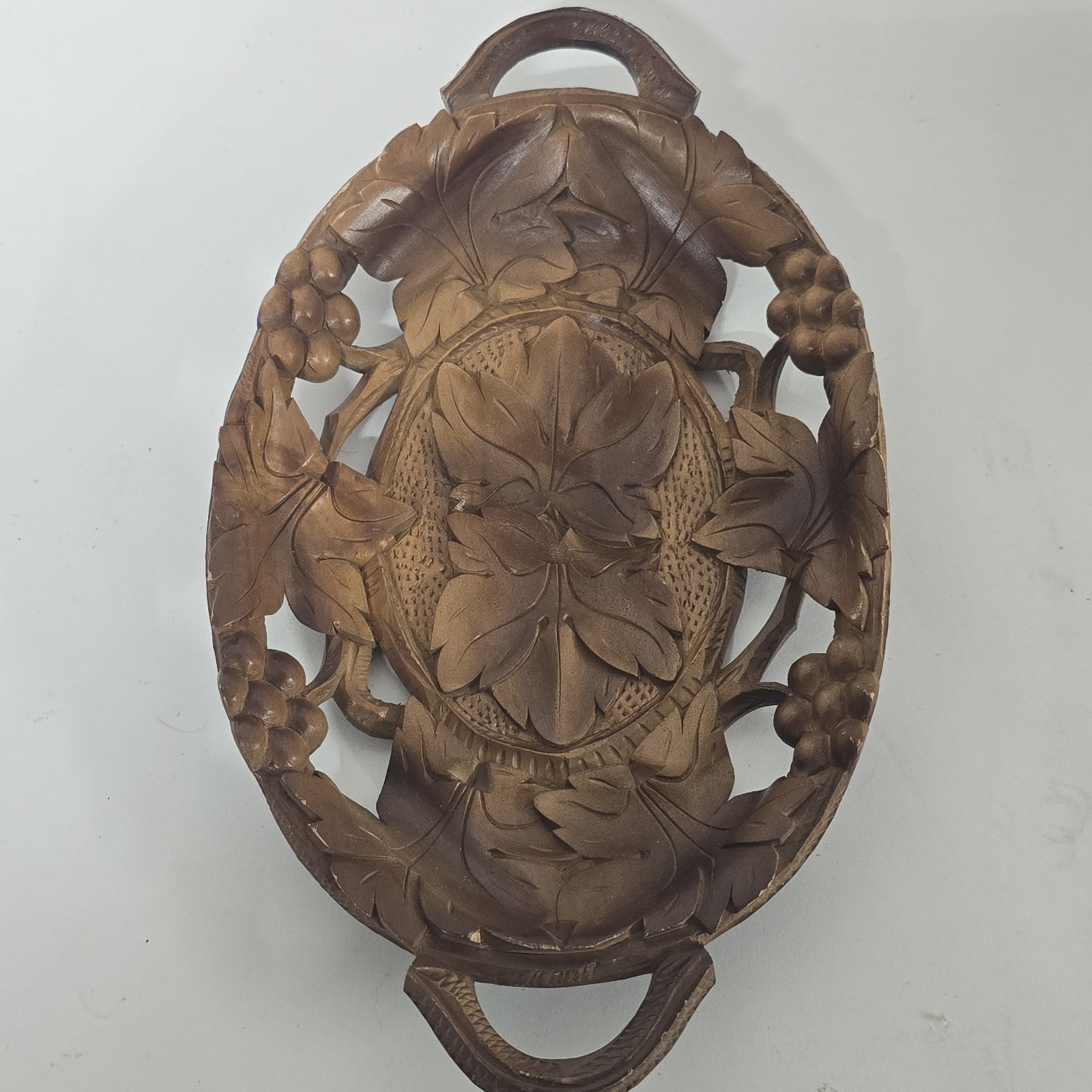 Antique Swiss Black Forest Carved Grape Leaf Wood Dish Tray 19thC