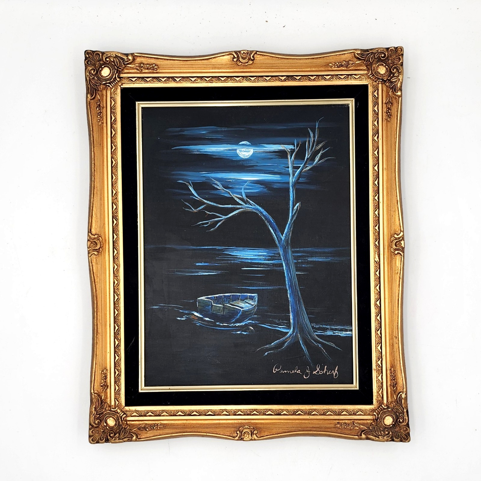 Original Pamela J Scharf Oil Painting - Signed Moonlit Seascape Framed 21x25