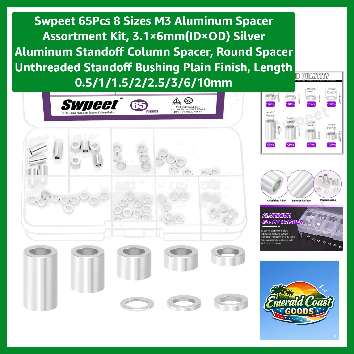 65Pcs 8 Sizes M3 Aluminum Spacer Assortment Kit, 3.1×6mmID×OD Silver Aluminum...