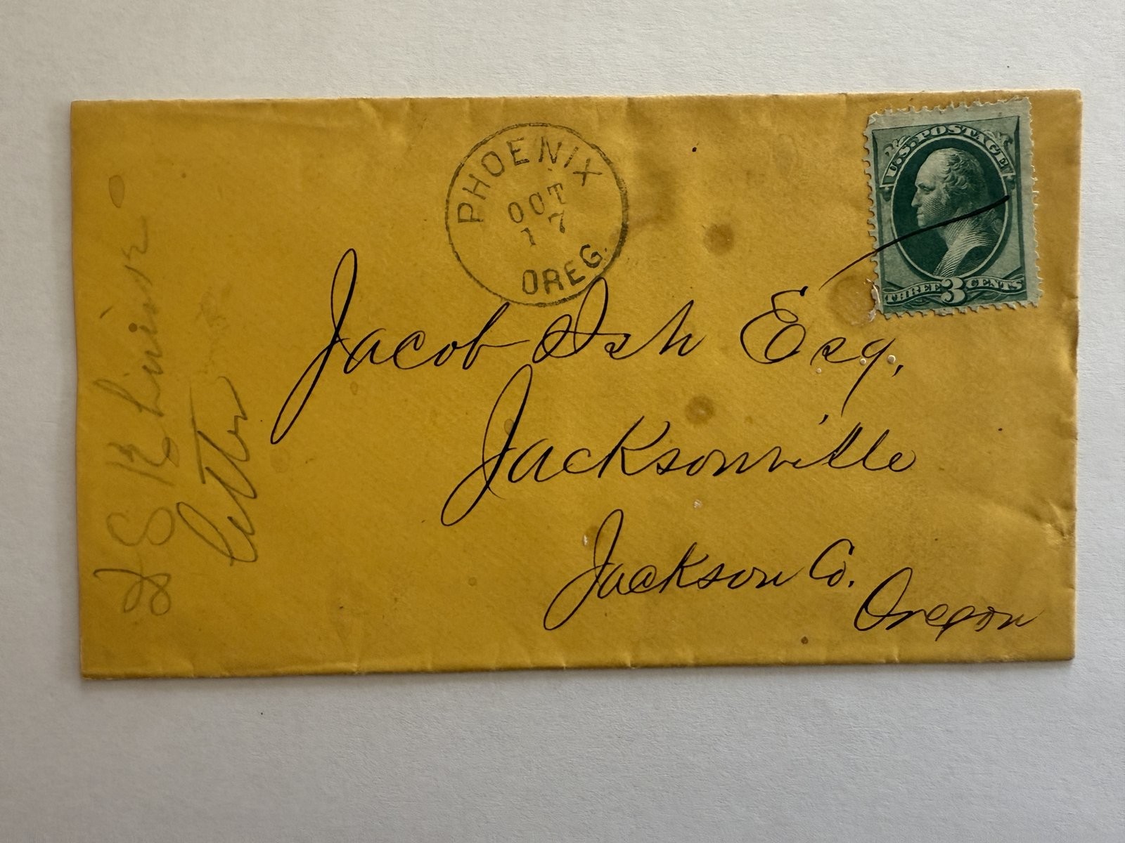 1870s Phoenix Oregon CDS Cover to Jacob Ish Jacksonville - 3c Bank Note Pen GB51