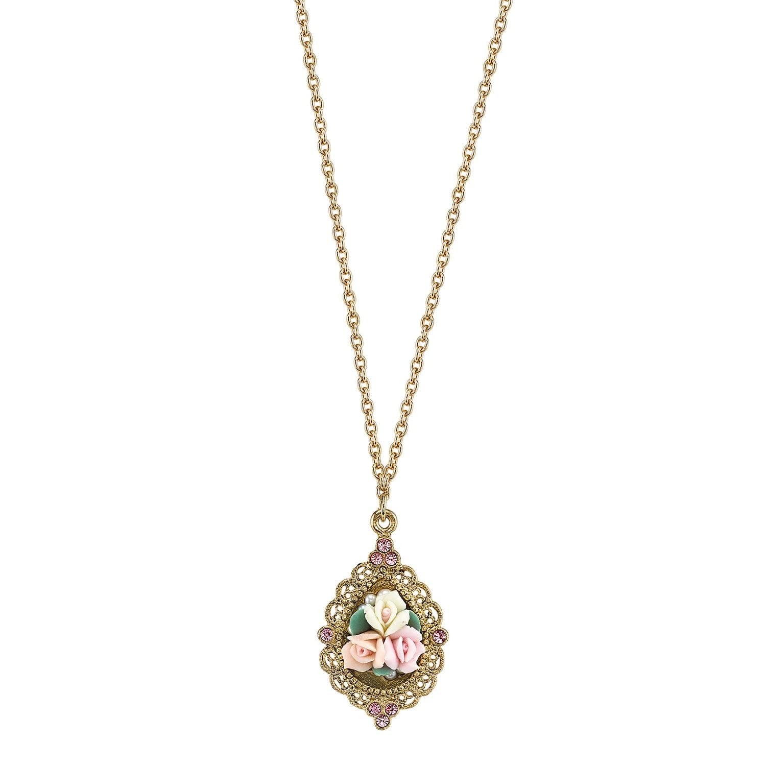 1928 Jewelry Pink Crystal Porcelain Rose Pendant Necklace, 16–19