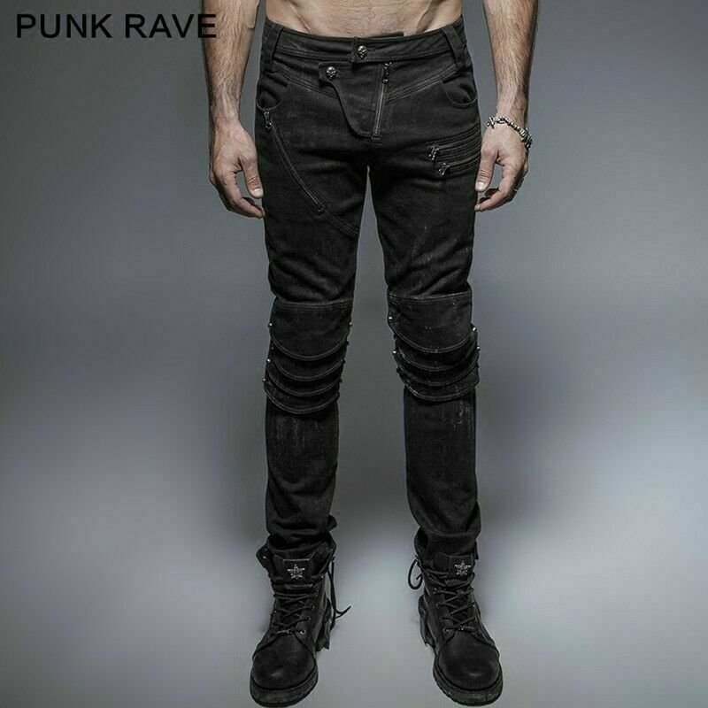 Punk Rave Gothic Visual Long Trousers Black Men\'s Fitted Armor Knee Jeans Pants