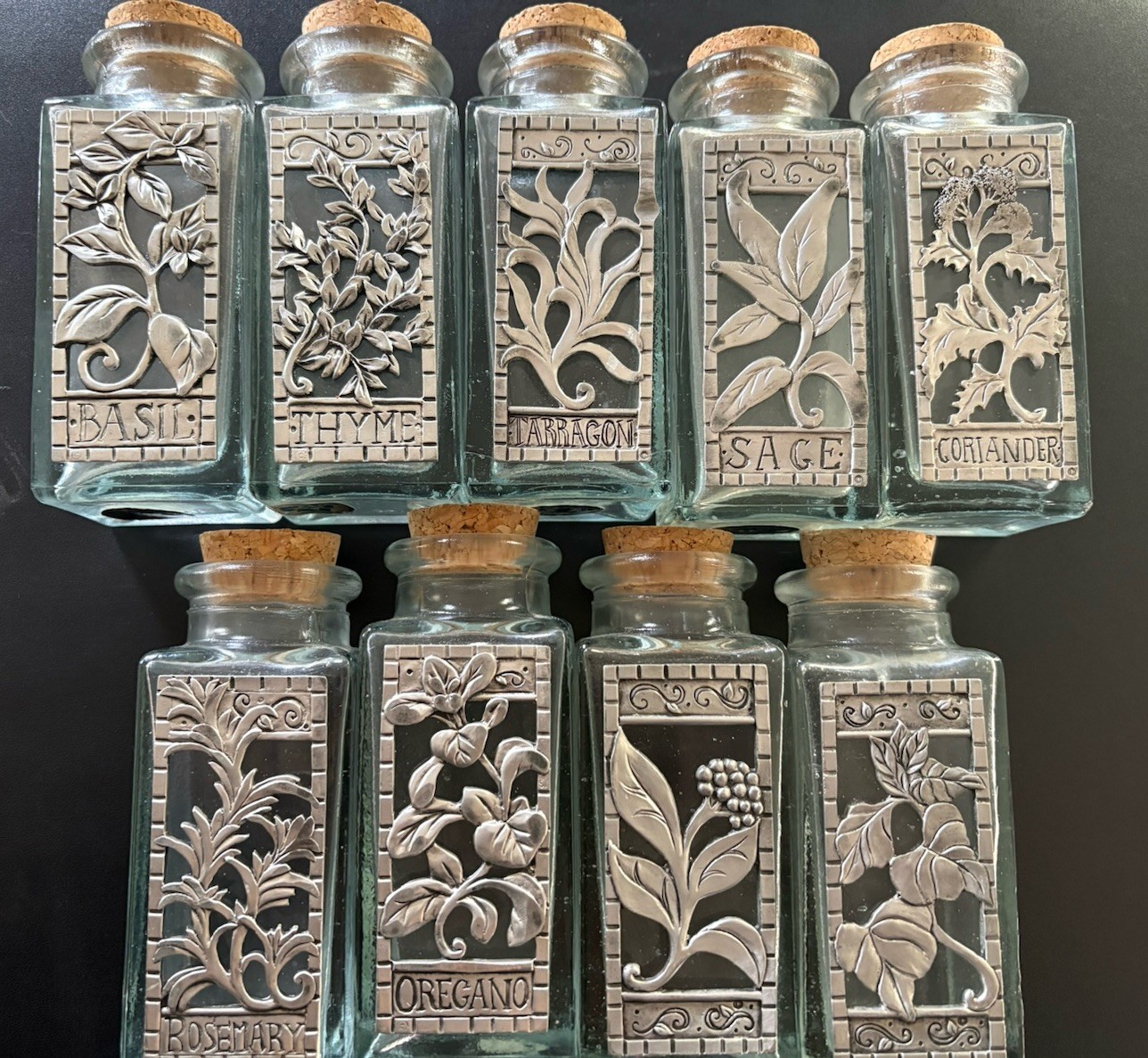 9 Recycled Glass And Pewter Decorative Spice Jars W/ Cork Stoppers Spain 9 Recycled Glass And Pewter Decorative Spice Jars W/ Cork Stoppers Spain