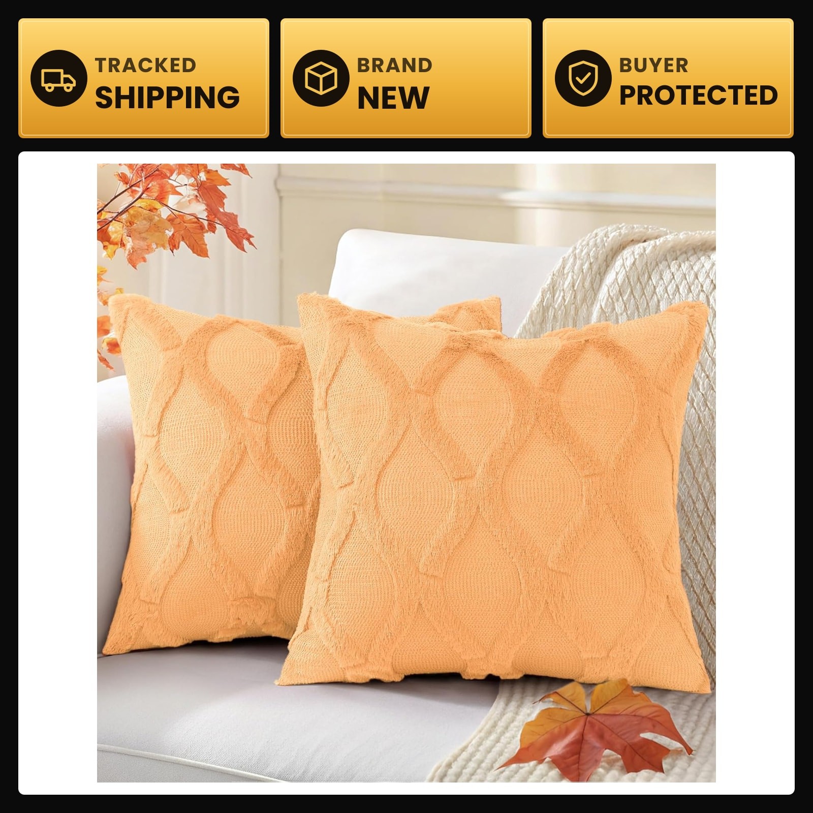 decorUhome Fall Faux Fur Light Orange Throw Pillow Covers 18x18 Set of 2