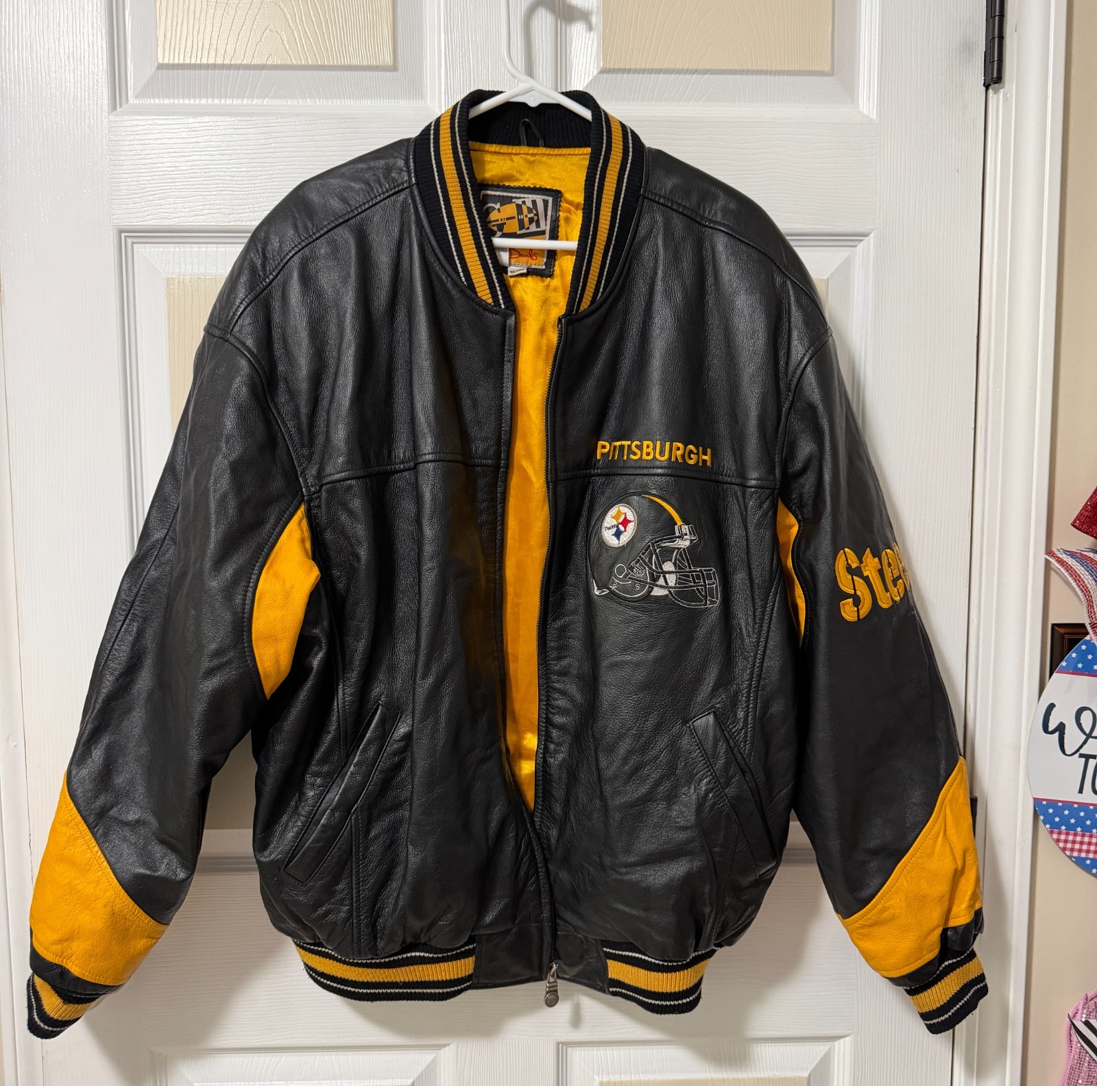 Vintage G-III Carl Banks Pittsburgh Steelers Leather Jacket XL NFL Black Gold