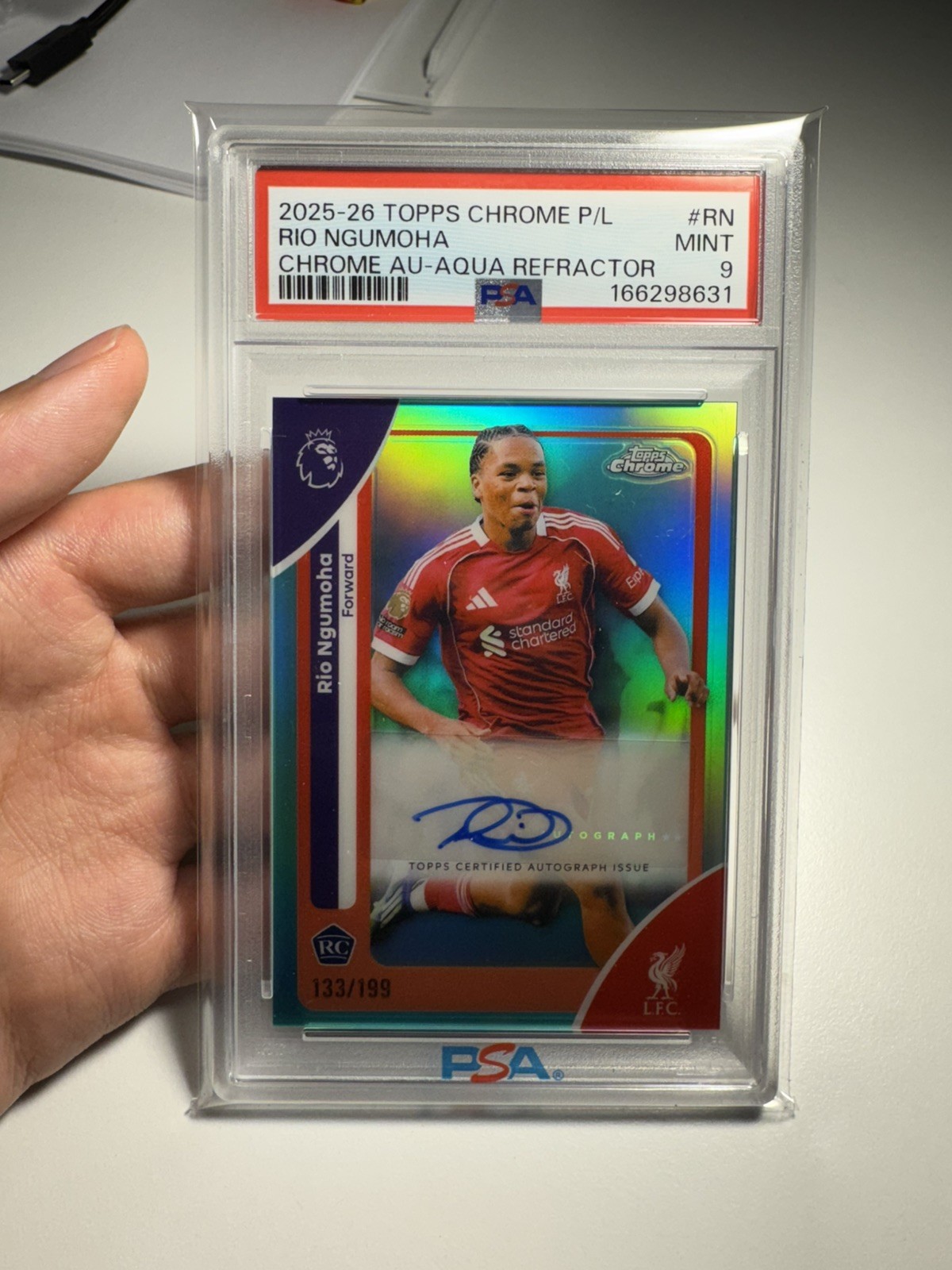 2025-2026 TOPPS CHROME EPL CHROME AQUA AUTO #RN RIO NGUMOHA /199 PSA 9 RC ROOKIE 2025-2026 TOPPS CHROME EPL CHROME AQUA AUTO #RN RIO NGUMOHA /199 PSA 9 RC ROOKIE