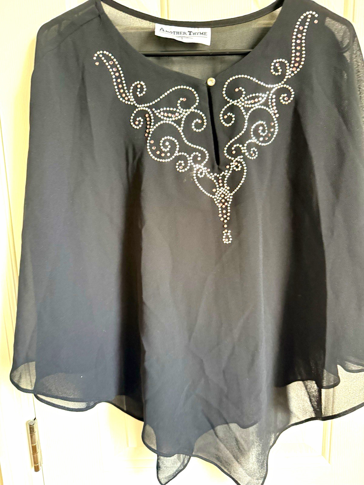 Another Thyme Womens L Black Solid Sheer Rhinestone V-Neck 3/4 Tunic Blouse Another Thyme Womens L Black Solid Sheer Rhinestone V-Neck 3/4 Tunic Blouse