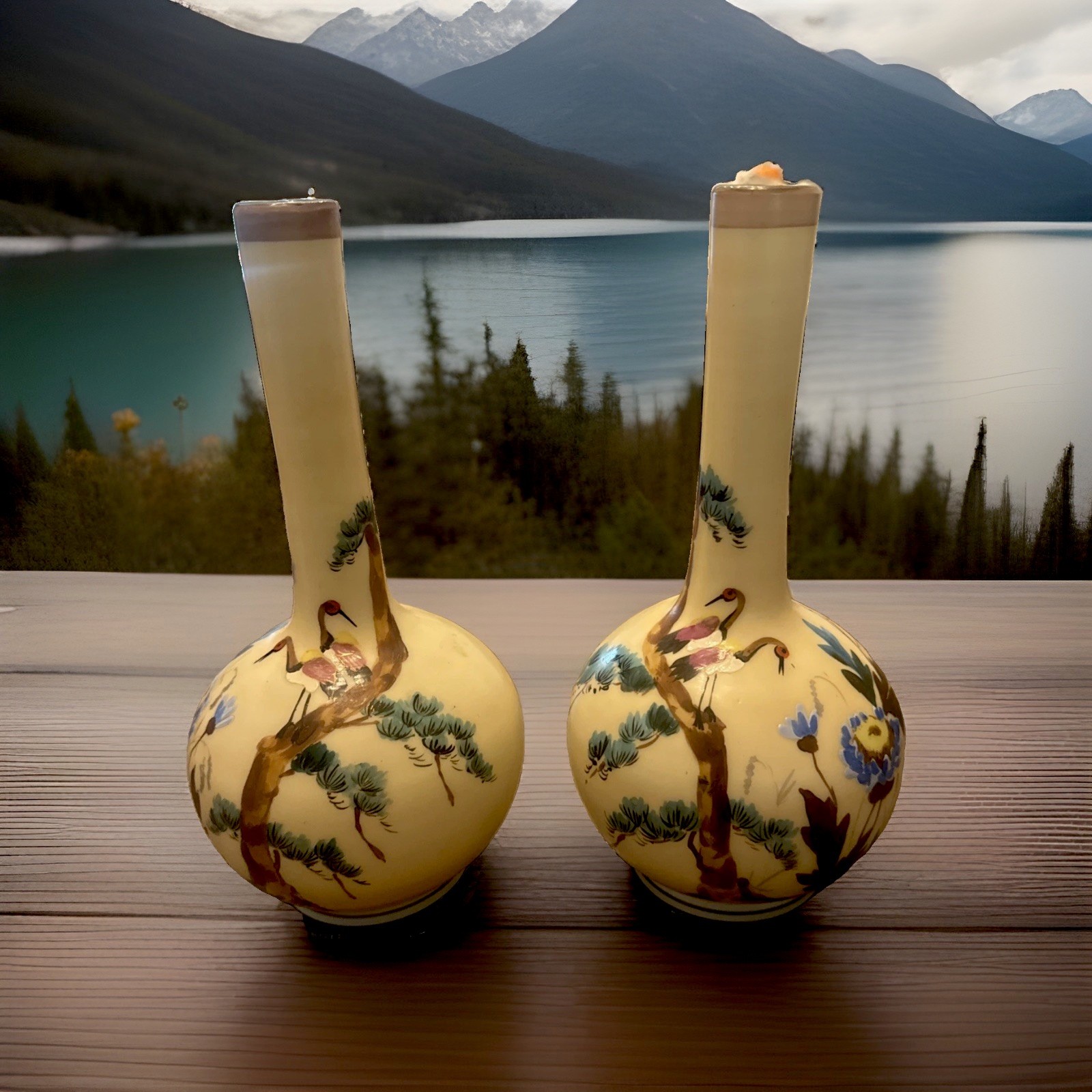 2 Vintage Japanese single stem vases with Hand painted Cranes 11.25 tall 2 Vintage Japanese single stem vases with Hand painted Cranes 11.25 tall