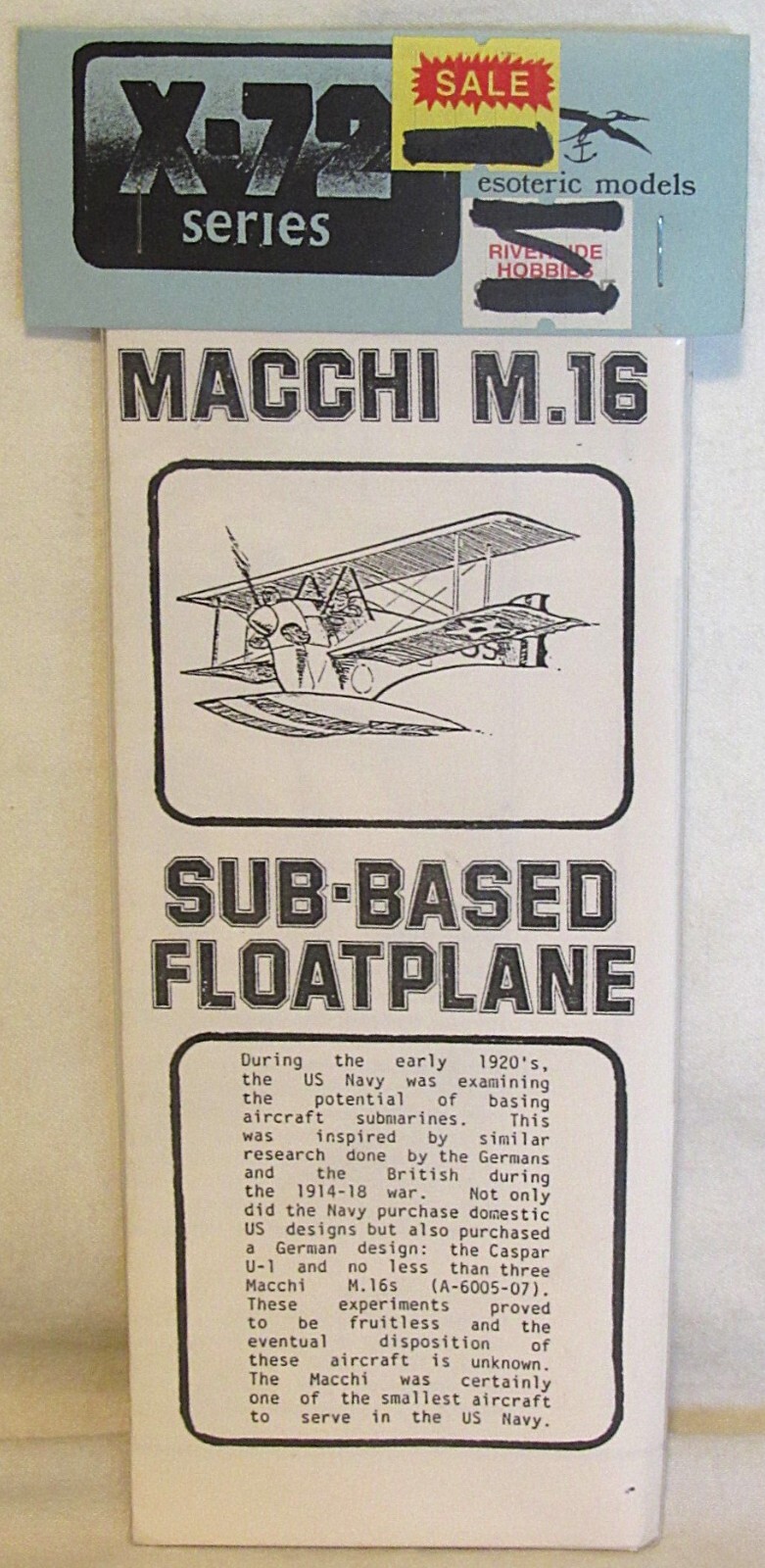 Esoteric Models #Q1 Macchi M.16 Sub-Based Floatplane X-72 Series 1:72 Scale NIB