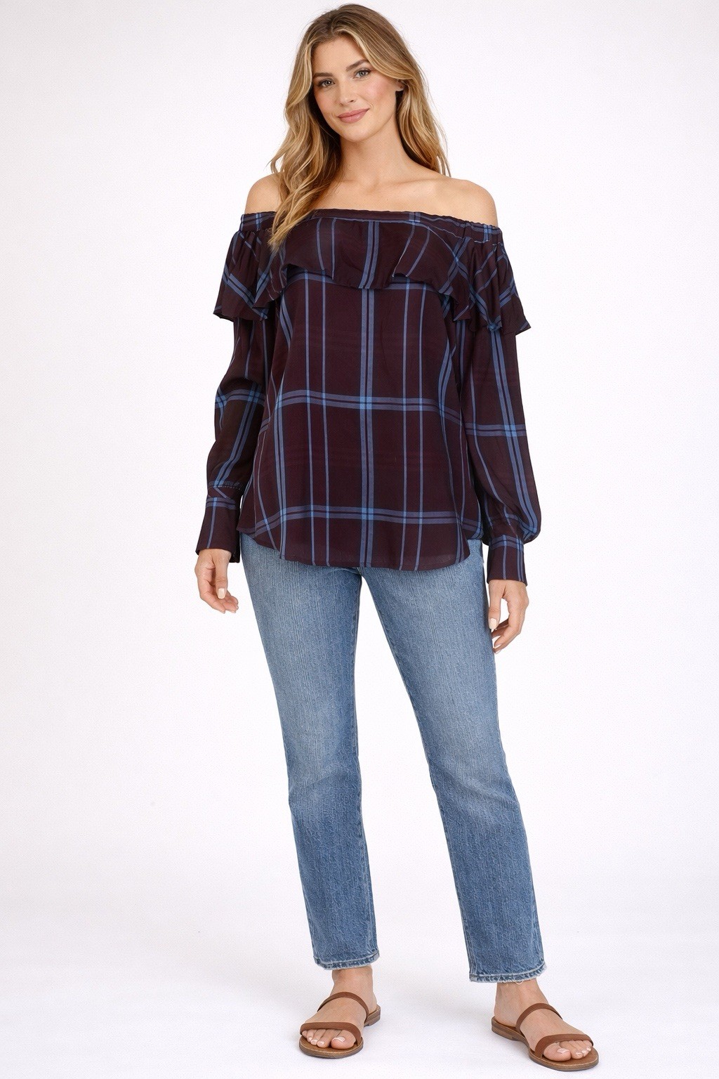 Ann Taylor LOFT Womens Small Purple Plaid Off Shoulder Ruffle Blouse Top
