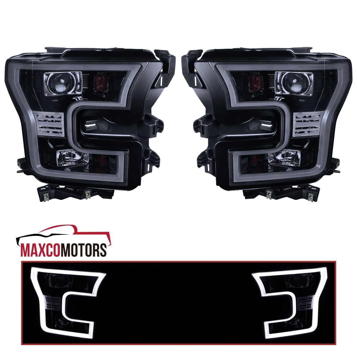 Fits 2015-2017 Ford F150 Smoke LED Strip Projector Headlights Lamps Left+Right