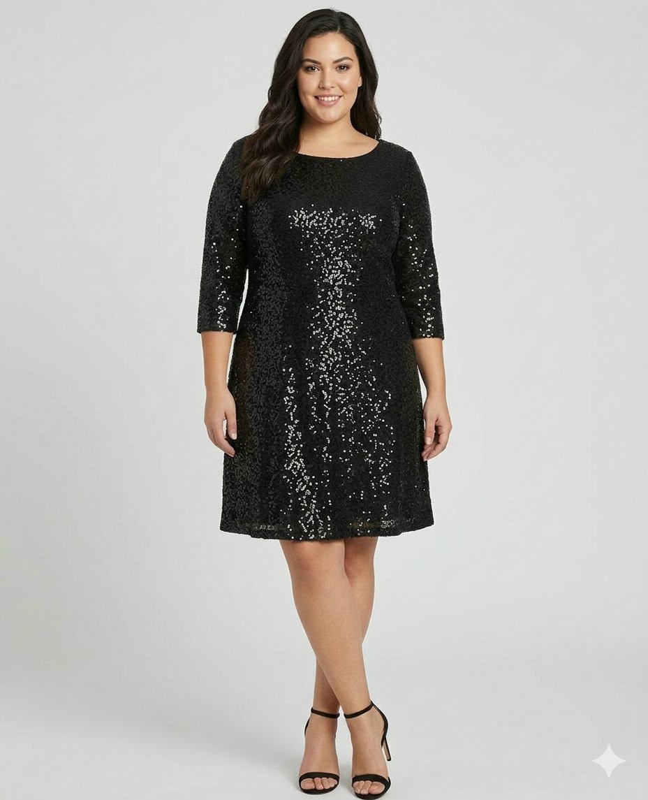 Alex Marie Black Sequin A-Line Dress Scoop Neck 3/4 Sleeve Knee Length, 16 Alex Marie Black Sequin A-Line Dress Scoop Neck 3/4 Sleeve Knee Length, 16