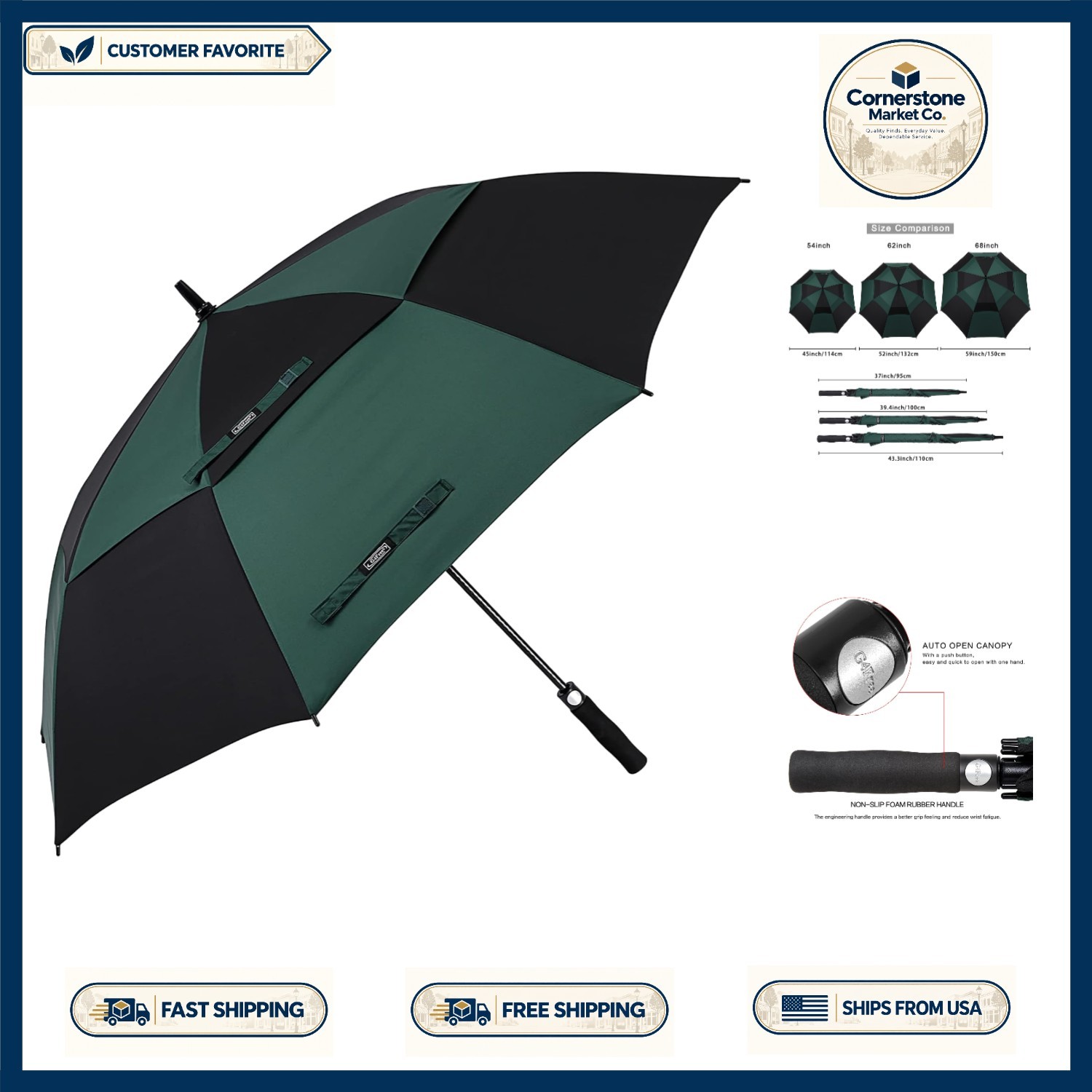 62 Inch Auto Open Golf Umbrella - Windproof, Water-Resistant Silk Design