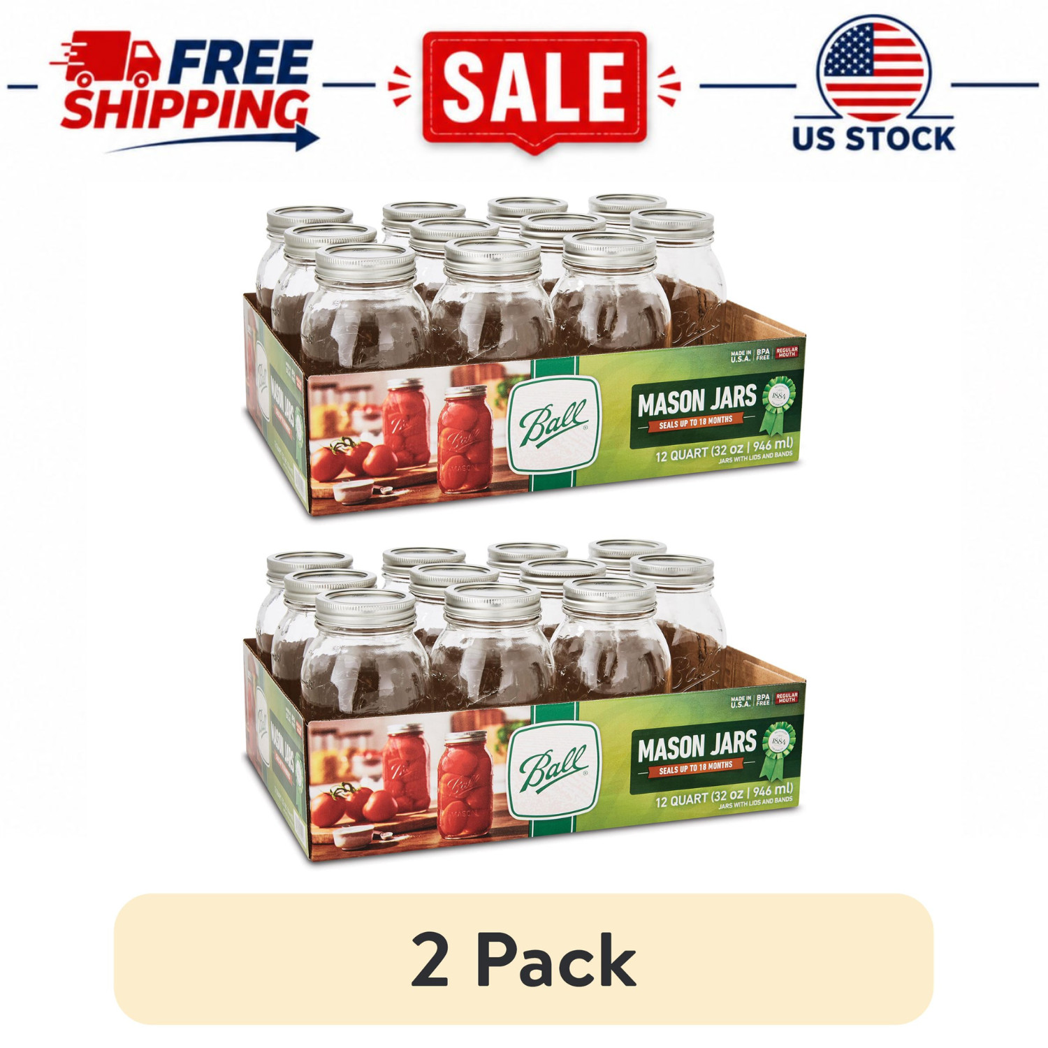 (2 Pack) Ball 32 oz Regular Mouth Glass Mason Jars with Lids & Bands 12 Count