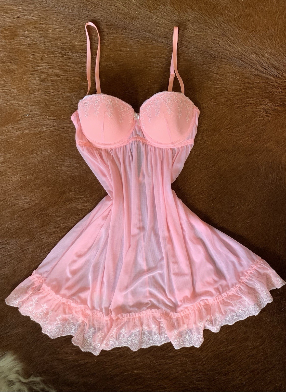 Vintage Y2K Pink Mesh Babydoll Slip Dress Coquette Lace Lingerie XS