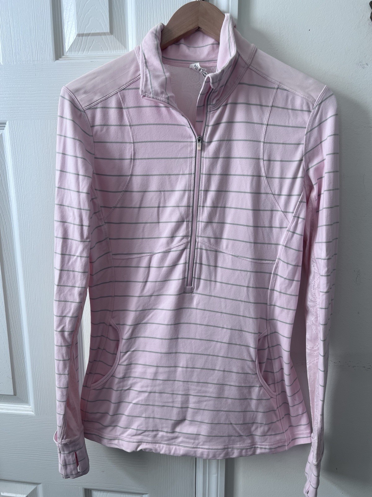 Lululemon Sz 12 Pink W/Gray Stripes 1/2 Zip Long Sleeve W/Thumbholes Top Pockets