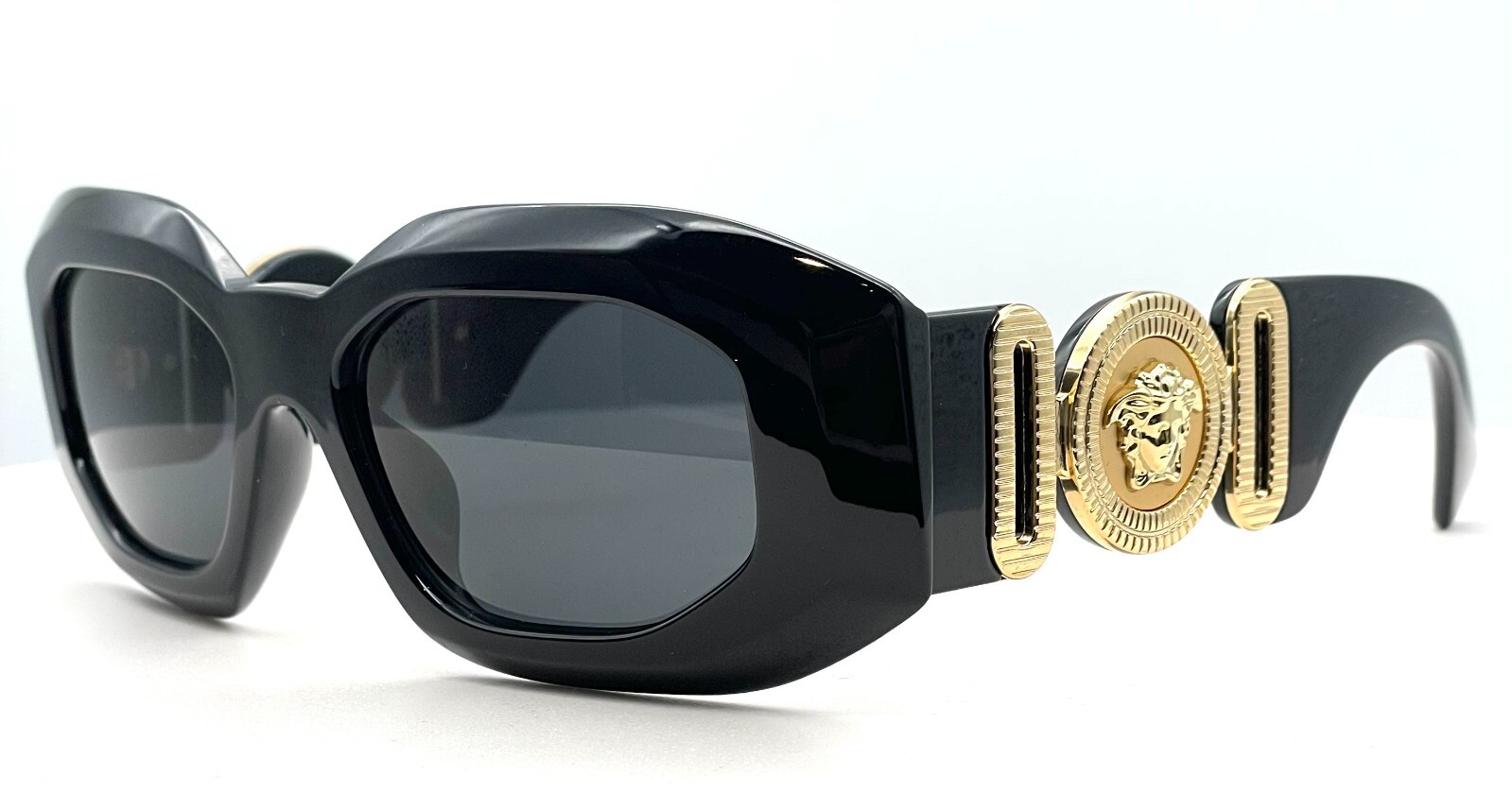 Versace VE4424U GB1/87 Black-Gold/Dark Gray Oversized Women\'s Sunglasses Versace VE4424U GB1/87 Black-Gold/Dark Gray Oversized Women\'s Sunglasses