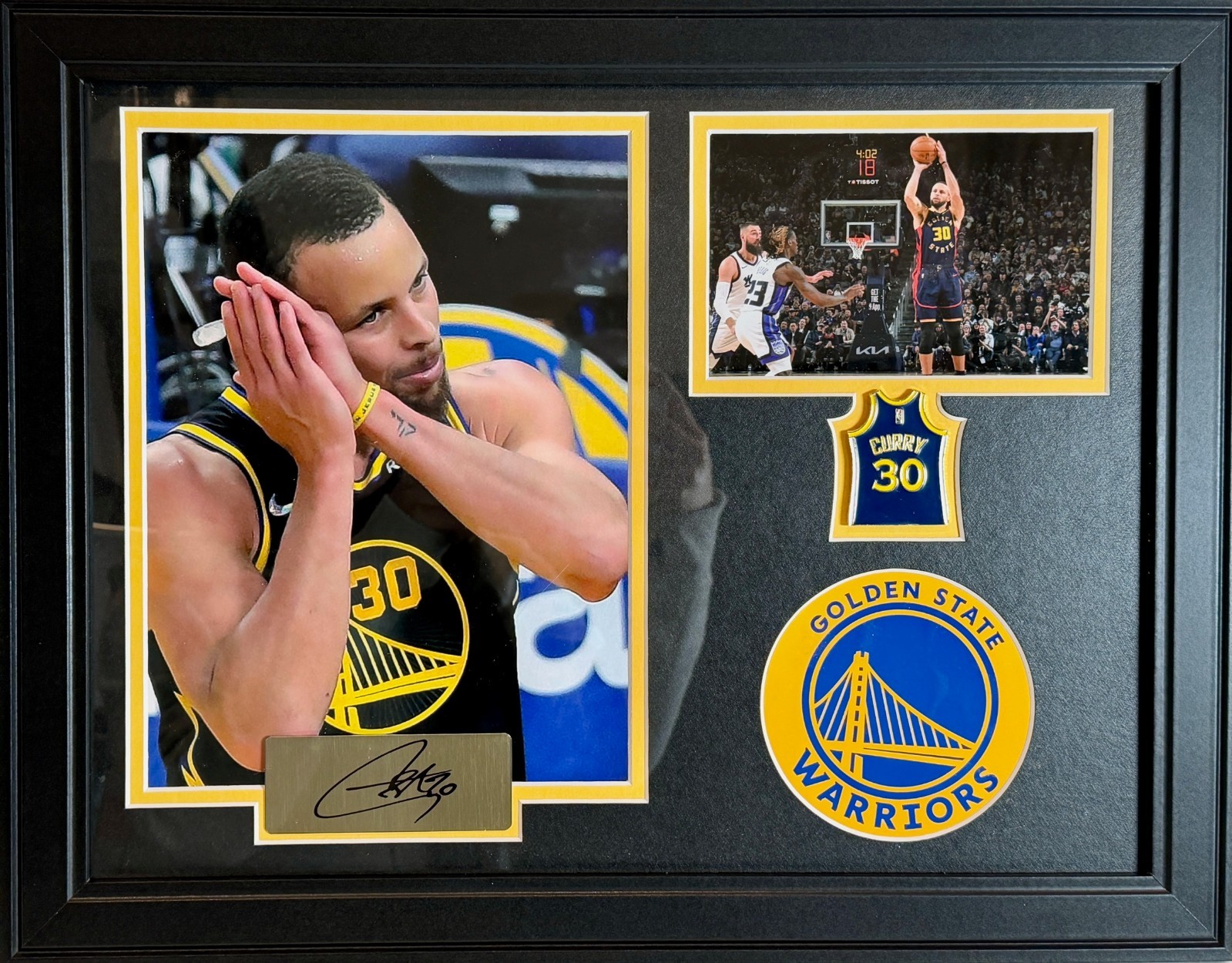 Steph Curry Warriors Framed Photo & Pin Collage with Laser Autograph - 14x18