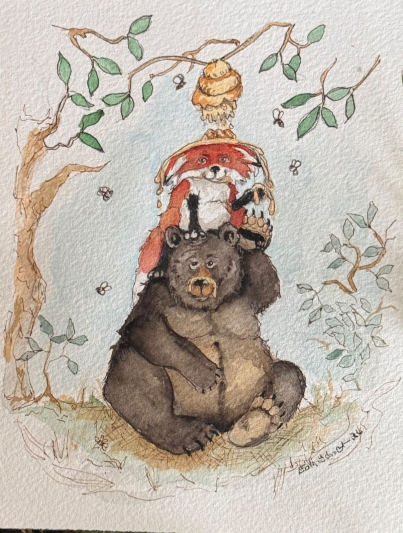 OOAK Origional watercolor Bear & Fox & Bee Hive signed by artist Edith Schmidt