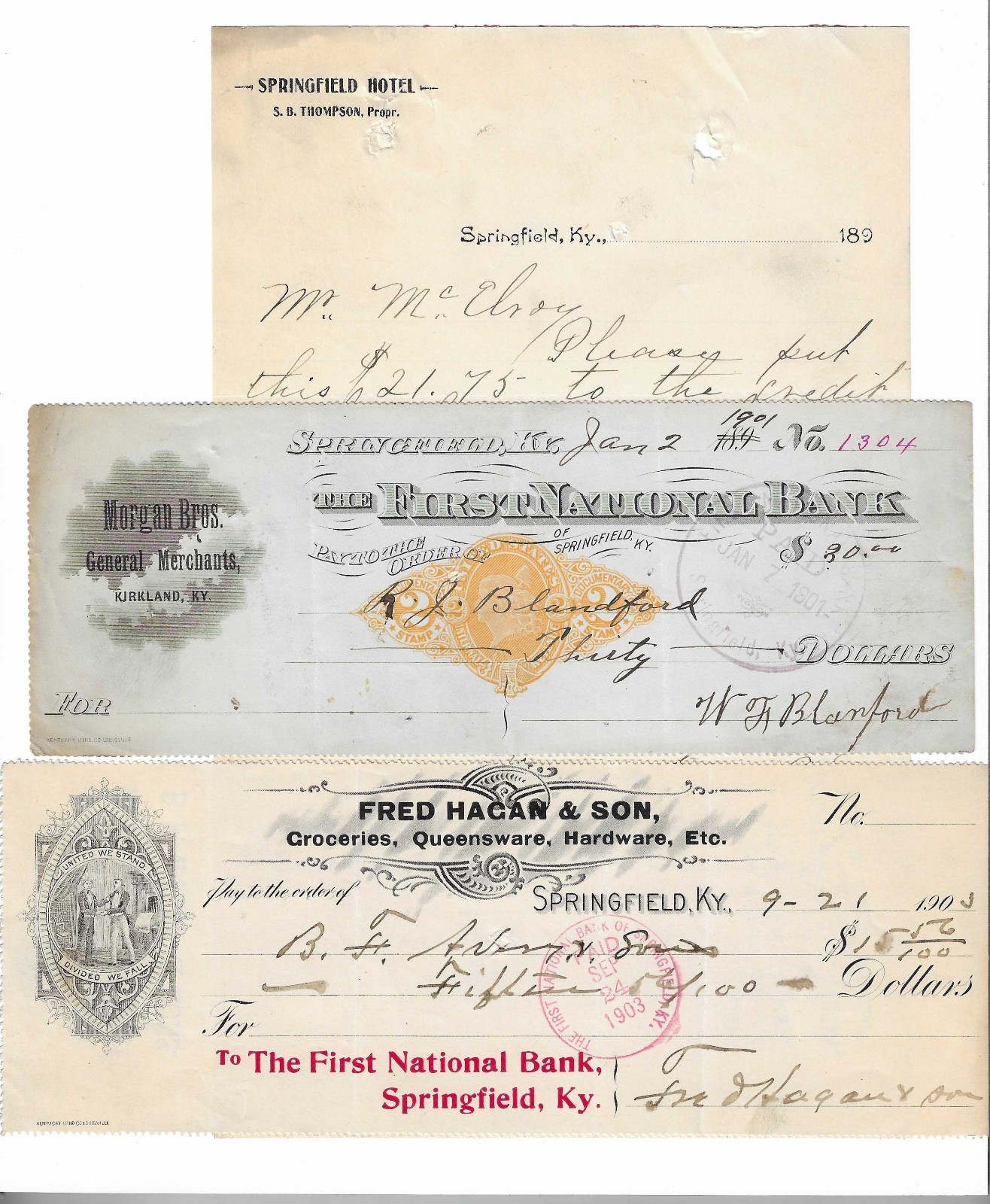 (3) Springfield KY, Kirkland KY Items - Springfield Hotel, Bank Checks - Names (3) Springfield KY, Kirkland KY Items - Springfield Hotel, Bank Checks - Names