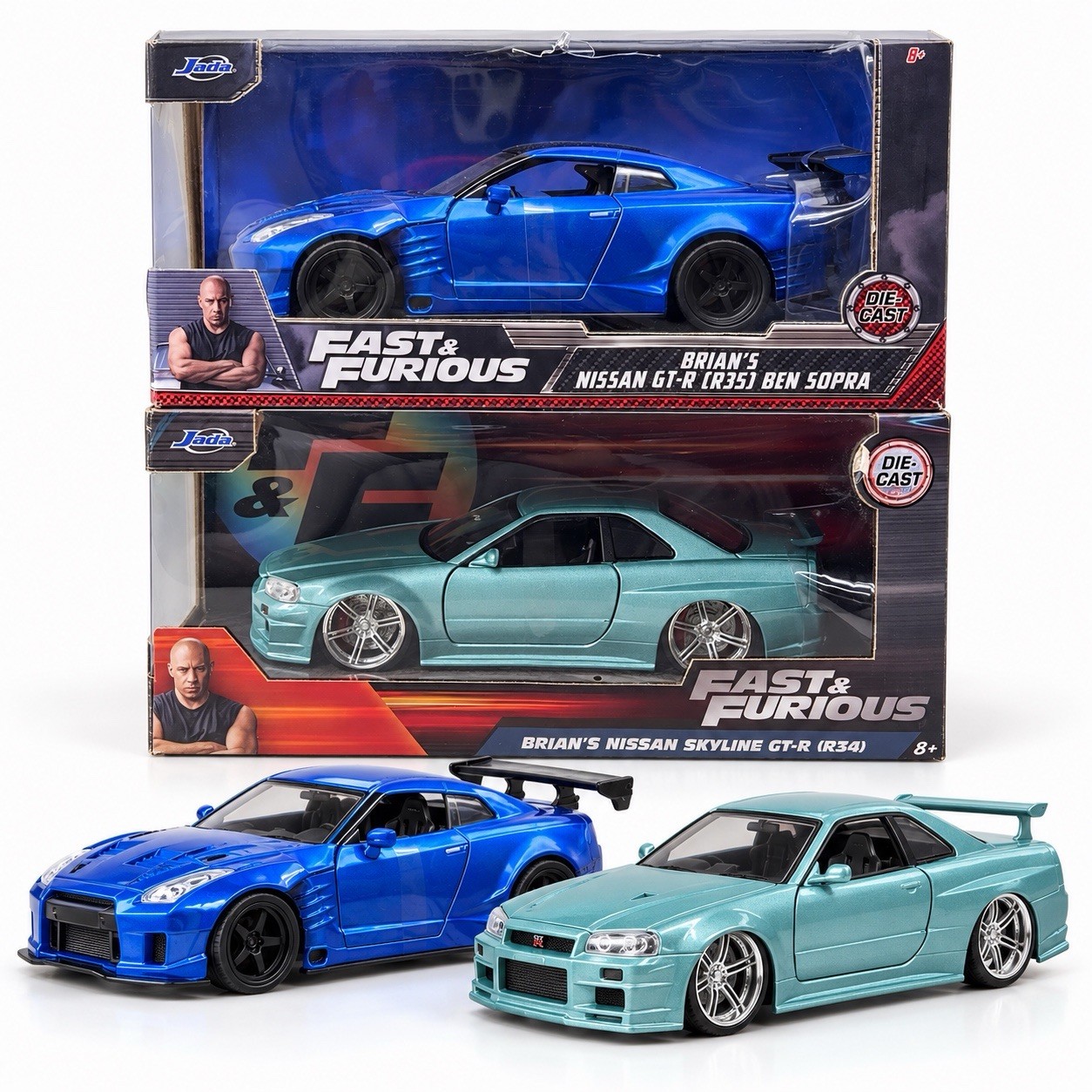 Jada Fast & Furious Nissan Skyline R34 & GT-R R35 Ben Sopra Diecast 2-Car Set Jada Fast & Furious Nissan Skyline R34 & GT-R R35 Ben Sopra Diecast 2-Car Set