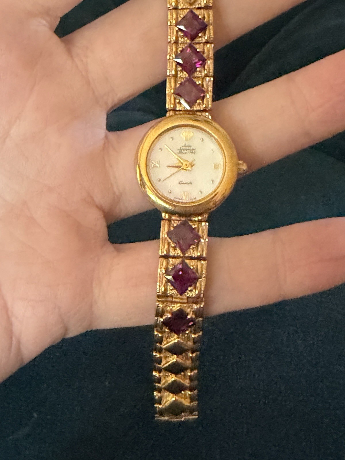 Vintage Jules Jurgensen Genuine Purple Garnet Gemstone MOP Ladies Watch 377