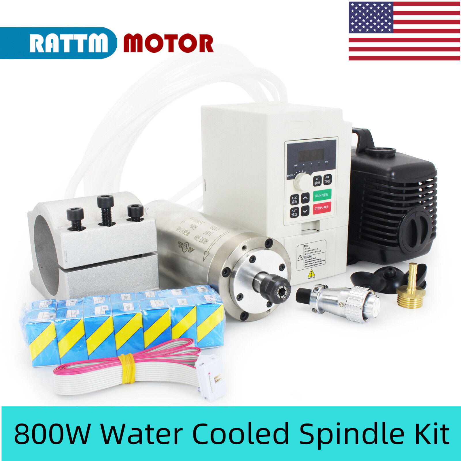 CNC 0.8KW Water Cooled Spindle Motor ER11+1.5KW VFD Inverter+65mm Clamp+80W Pump