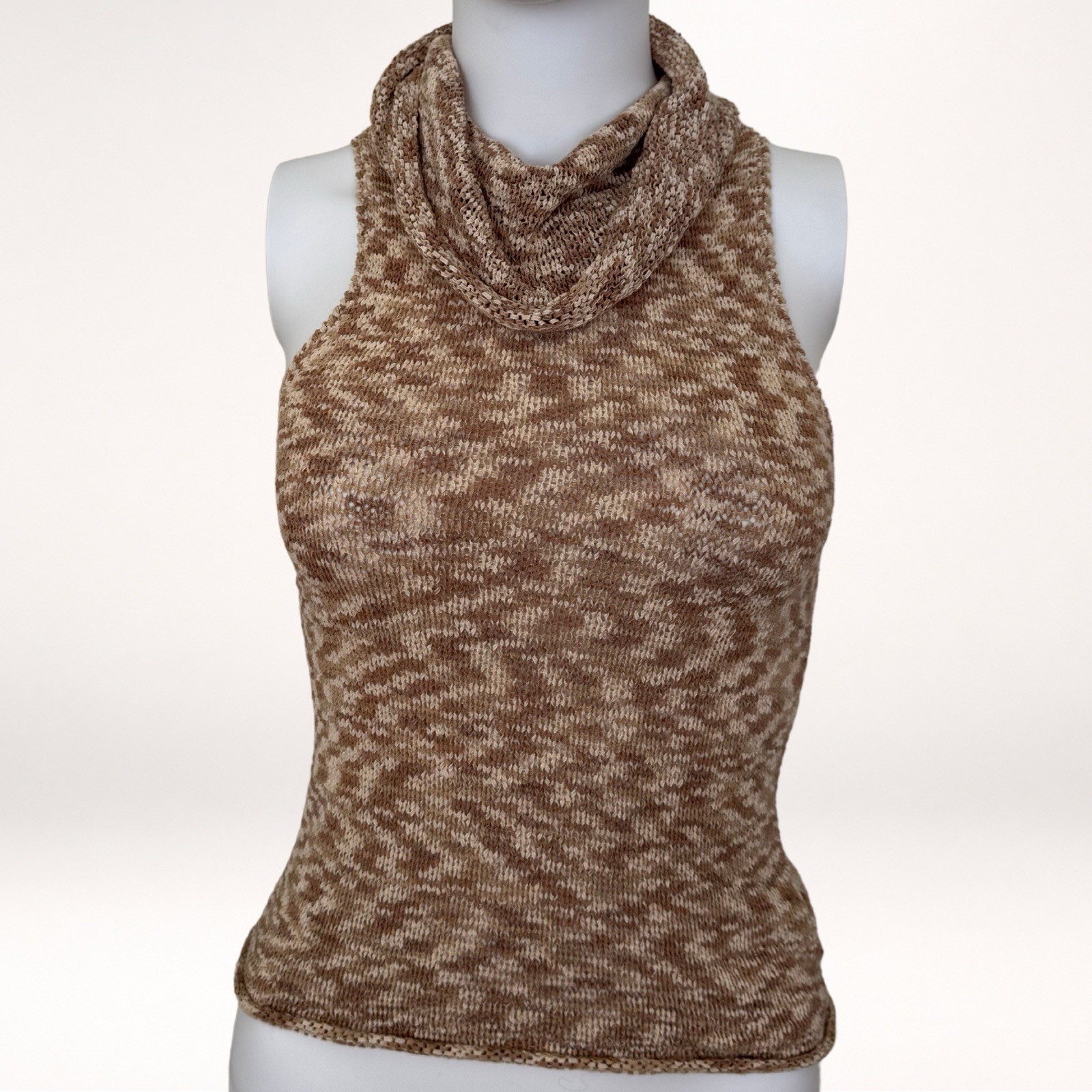 Vintage Y2K Arden B Cowl Neck Knit Top Sleeveless Brown Cream Fitted 2000s